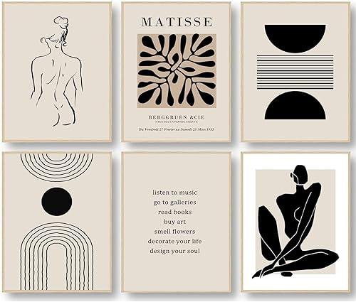 Matisse - Impresiones artísticas para pared, póster abstracto de arte de pared de Matisse, negro y beige para mujer, arte de hoja de arte bohemio,