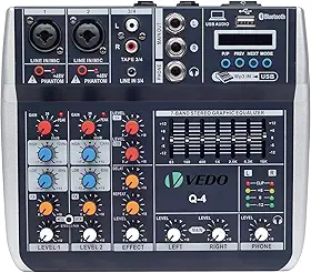 Mesa de Som VEDO Q-4 4 Canais com Amplificador 80Wx2, 7 Bandas EQ, 48V Phantom, USB/Bluetooth para Shows, Igrejas e Gravações