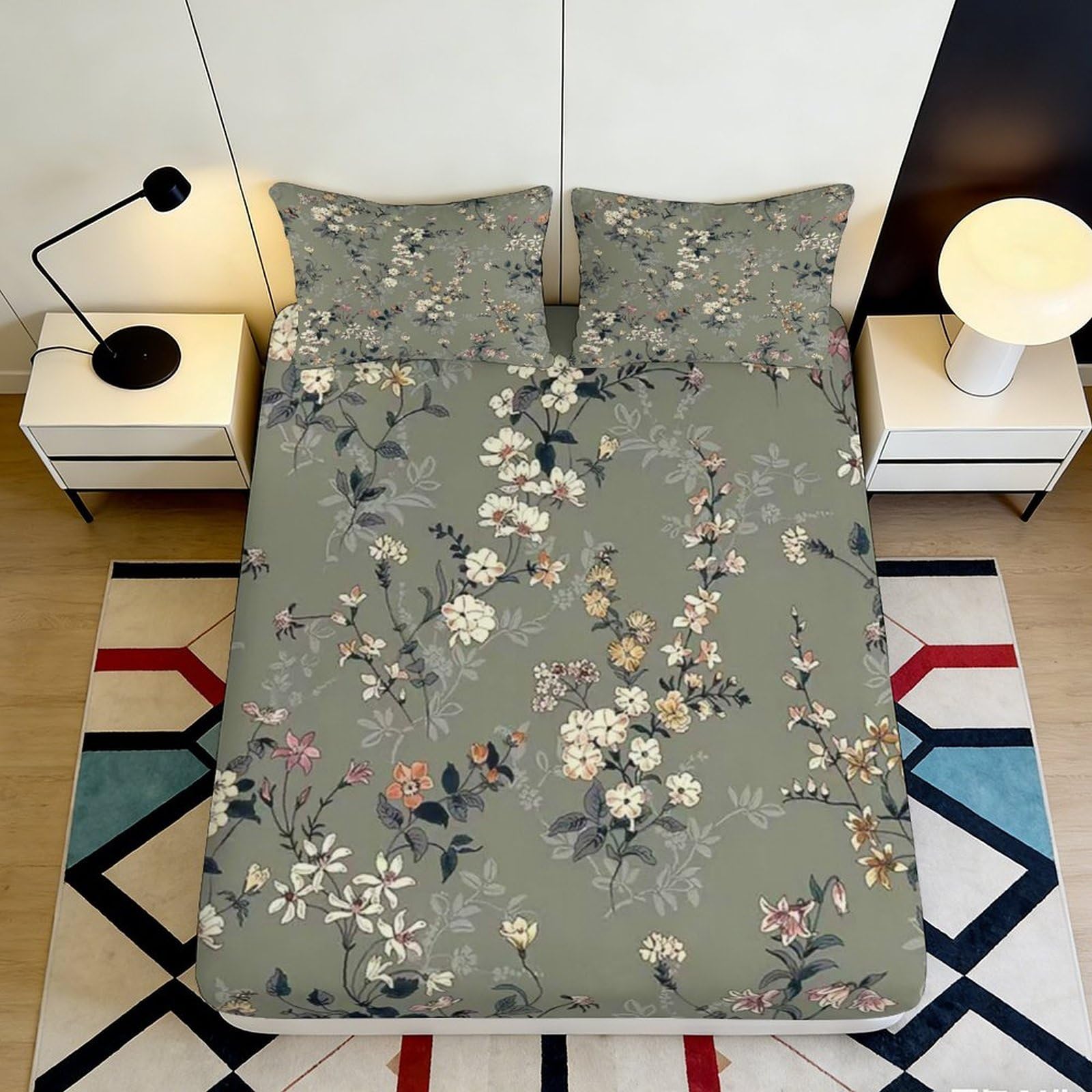 3D Printed Botanical Floral Fitted Sheet Microfiber Soft Green Blossom Mattress Cover Anti-Slip Easy Care for Bedroom Guestroom Decor 90x200x25cm