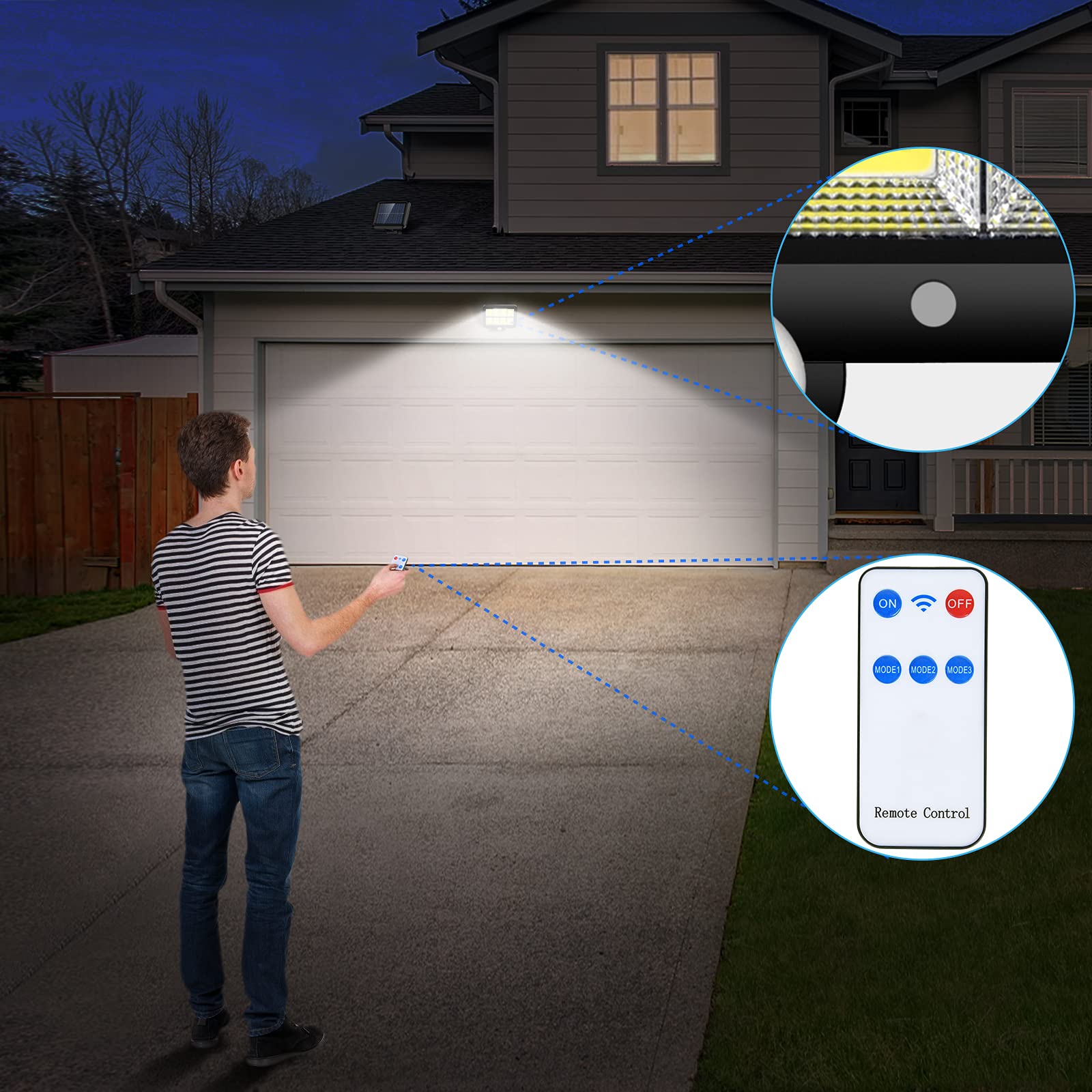 Solar Motion Lights Outdoor with Remote Control, 320 Bright COB LED, 16.4Ft Cable, 3 Working Mode, Adjustable Solar Panel, Wired Solar Powered Flood Lights for Wall, Yard, Garage, Garden, Shed(2 Set)