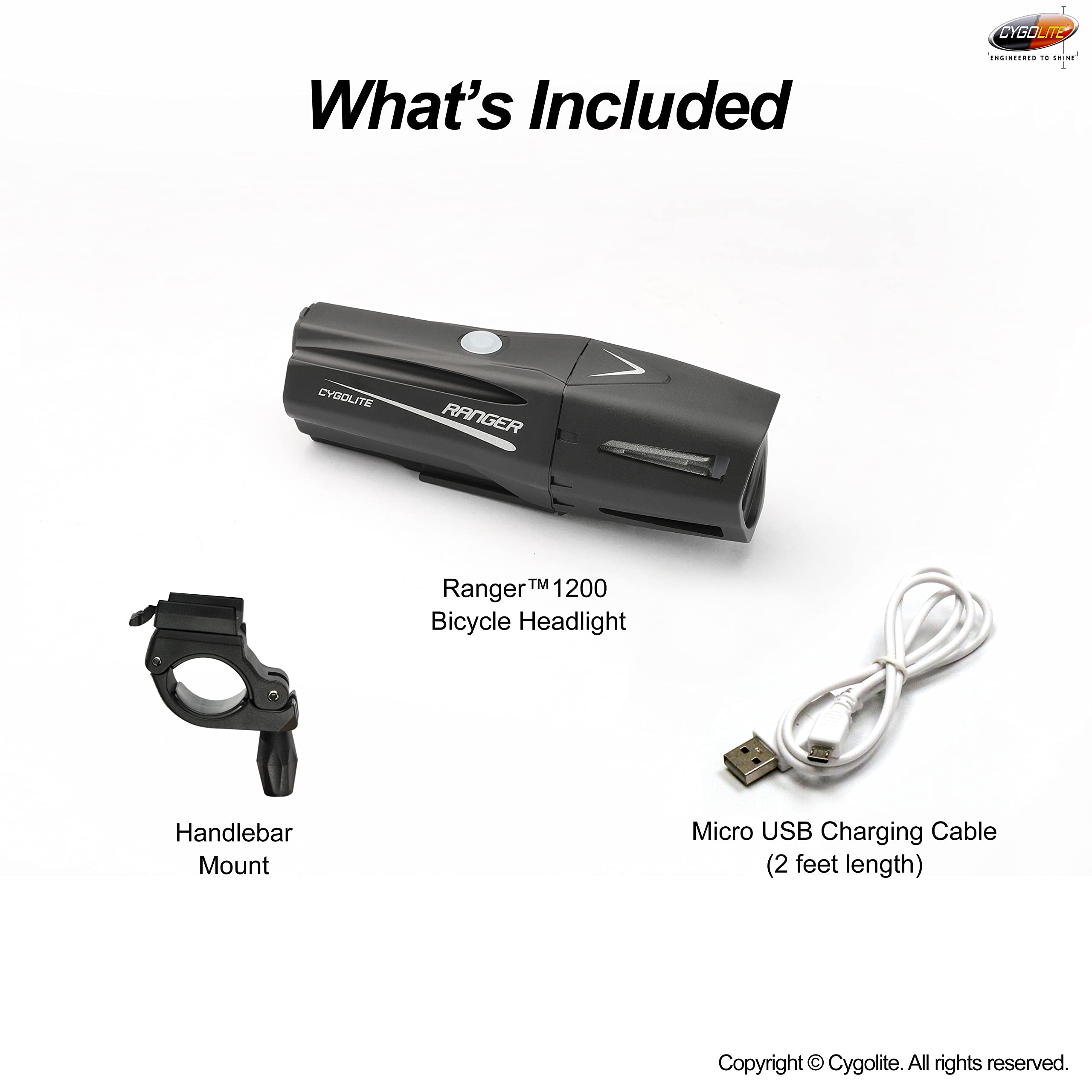 Cygolite Ranger - Luce per bicicletta da 1.200 lumen, 5 modalità notte e 3 modalità diurne, compatta e resistente, impermeabile IP67, montaggio rigido, faro ricaricabile tramite USB, per bici da