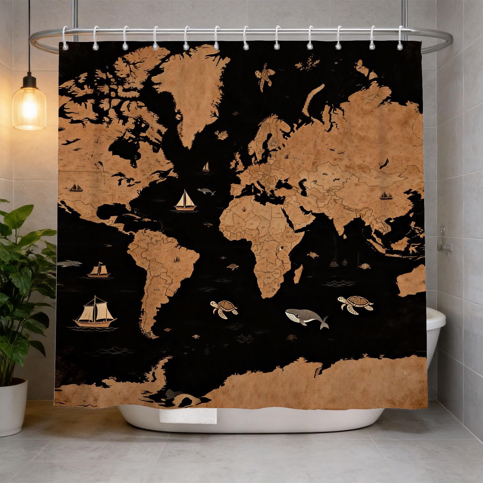 Hongduo 3D Nautical Map Shower Curtain for Stalls Bathtubs Adventurous Sailing Bathroom Decor Shower Curtain Set Polyester Fabric Waterproof 200x200cm/79X79 Inch with Hooks