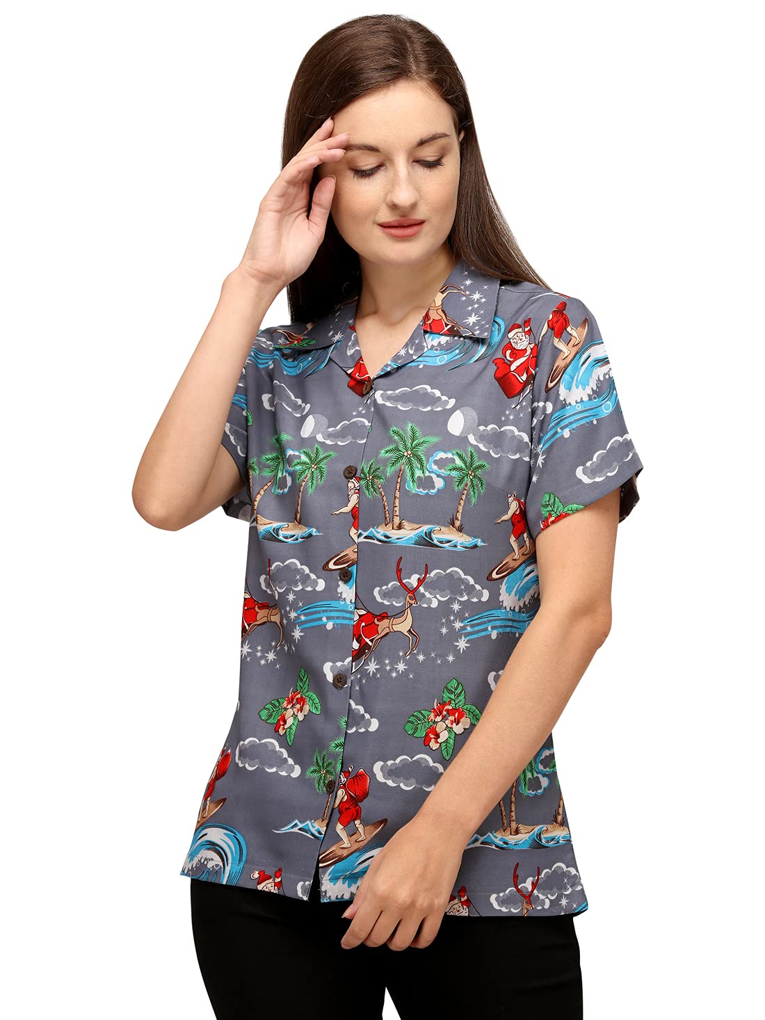 ALVISHWomens Hawaiian Shirt, Santa in Vocation