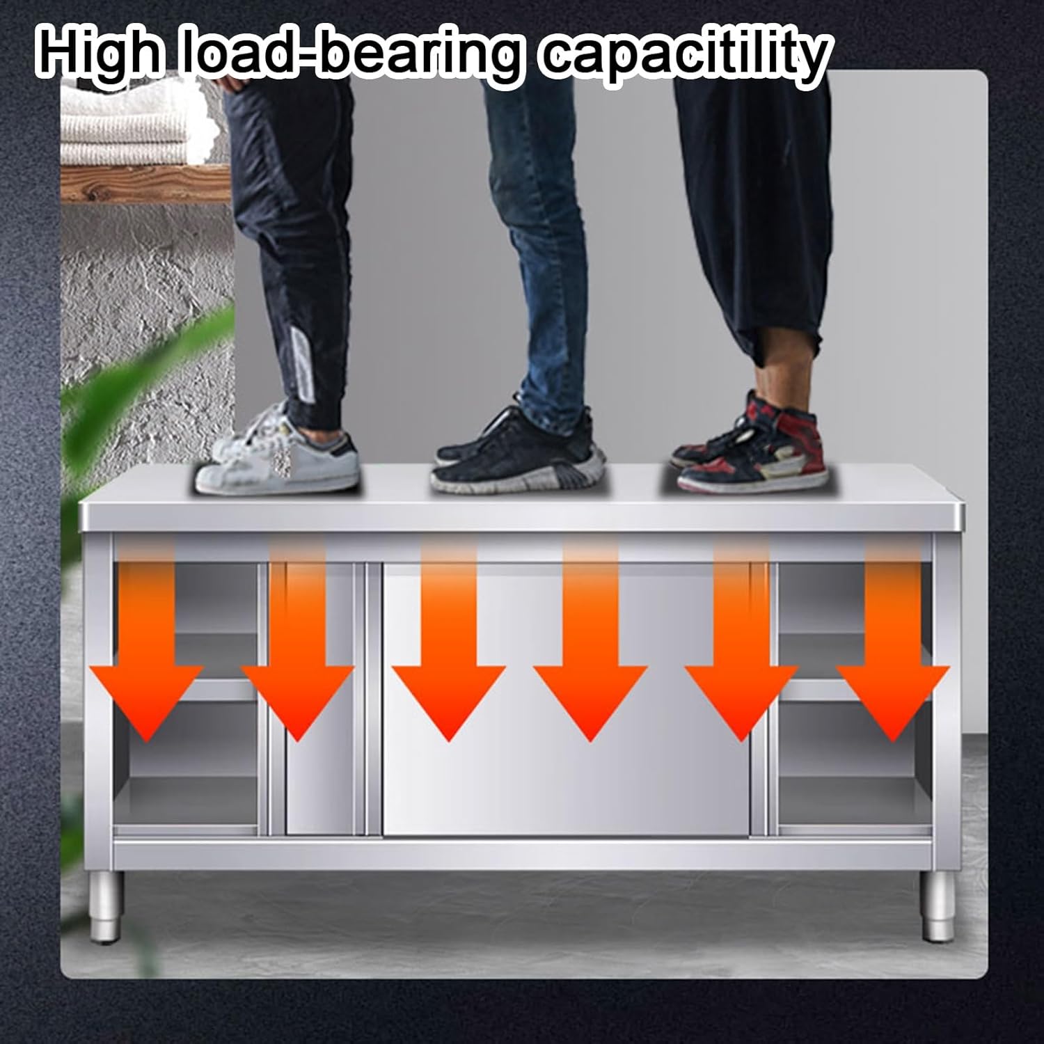 Rounded-Corner Workbench H 80cm Sliding Door Design Stainless Steel Work Table Adjustable Legs No Tracks Ample Storage Space Thickened Countertop Generous Capacitility