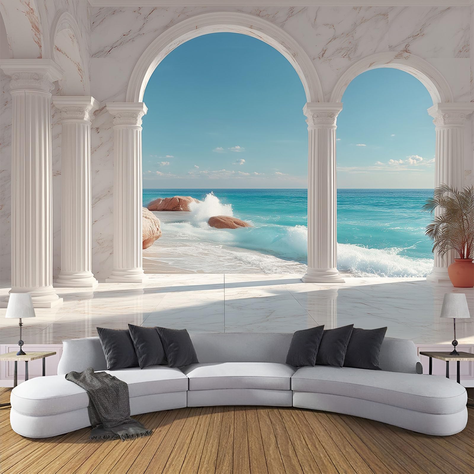 Tapete 3D Fototapete Römische Säulen Bögen Vliestapete Wandbild Fototapeten, 350×256cm(W×H) Vlies Tapeten Strand Ozean Wandtapete Schlafzimmer, TV Hintergrund Wand Moderne Wanddeko