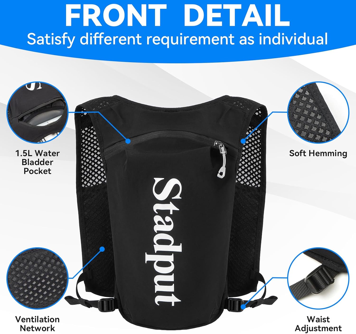 Reflective Hydration Running Vest Backpack | Lightweight 1.6L Water Bladder Bag for Trail Running, Cycling & Marathon | Perfect for Men & Women with Mobile Holder & Multiple Pockets | Premium Black - Image 3
