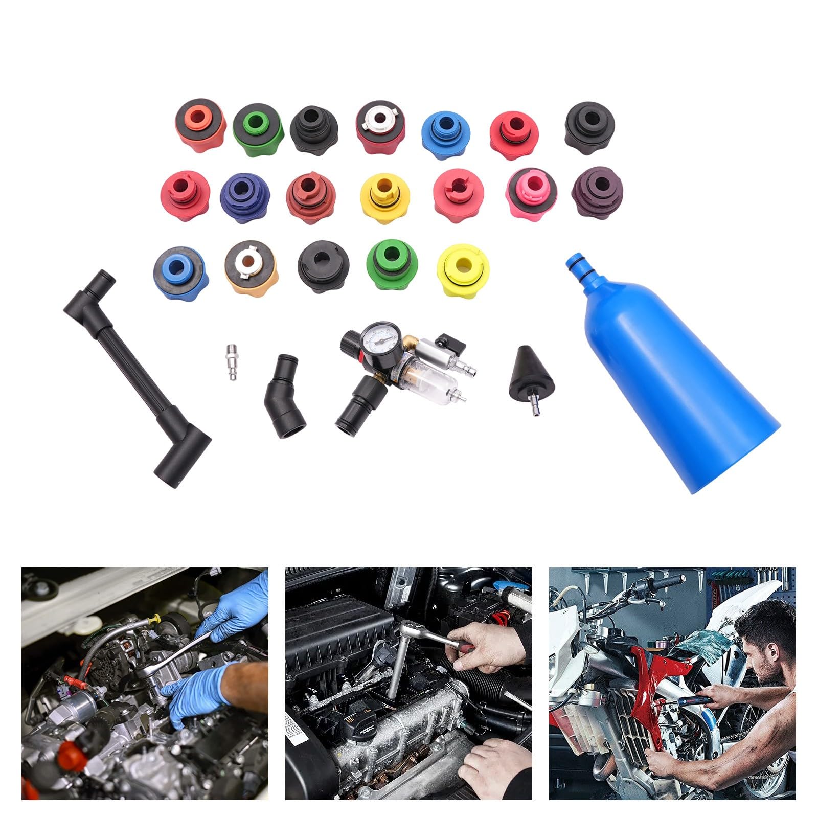Kit di ricarica per olio motore, 24 pezzi, con unità ad aria compressa, 19 tappi di chiusura, imbuto 2 litri, kit per cambio dell'olio, per Audi BMW, Mercedes, officina, manutenzione auto, riparazione