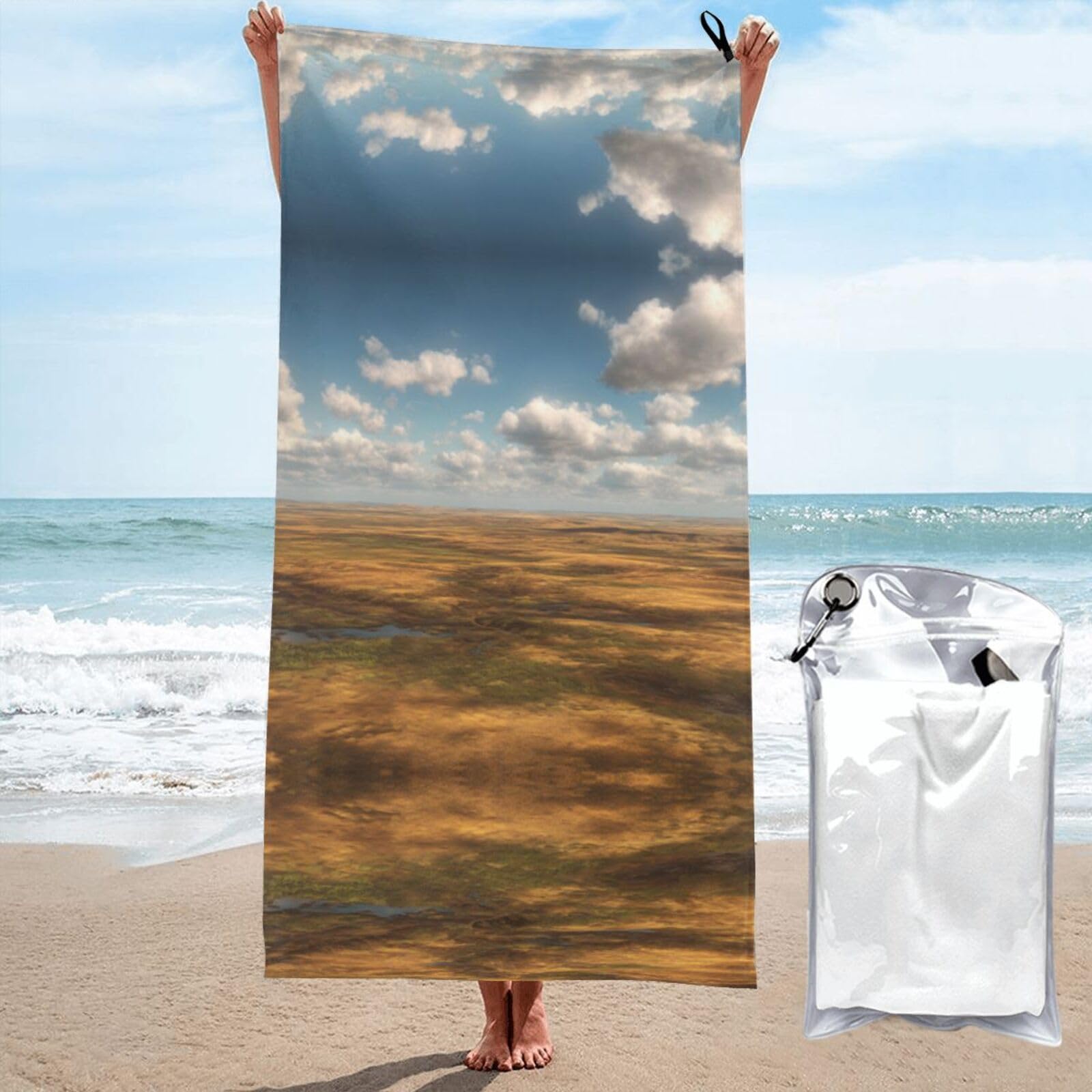ESNAIUVCD Vast Grassland Expanse Print Beach Towel, Microfibre Sauna Towel, Quick-Drying Fitness Towel, Lightweight And Thin Portable Sauna Towel