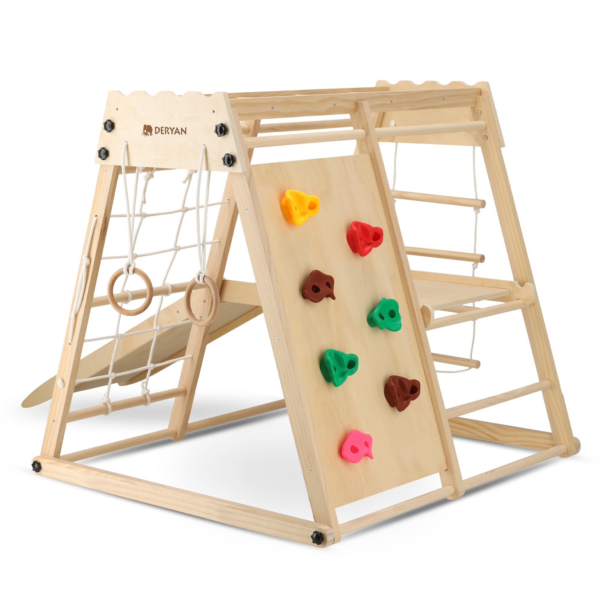Deryan Klettergerüst für Kinder - Indoor Spielplatz mit Rutsche, Kletterwand, Kletternetz & Turnringe - Holz Kletterturm klappbar - Natur