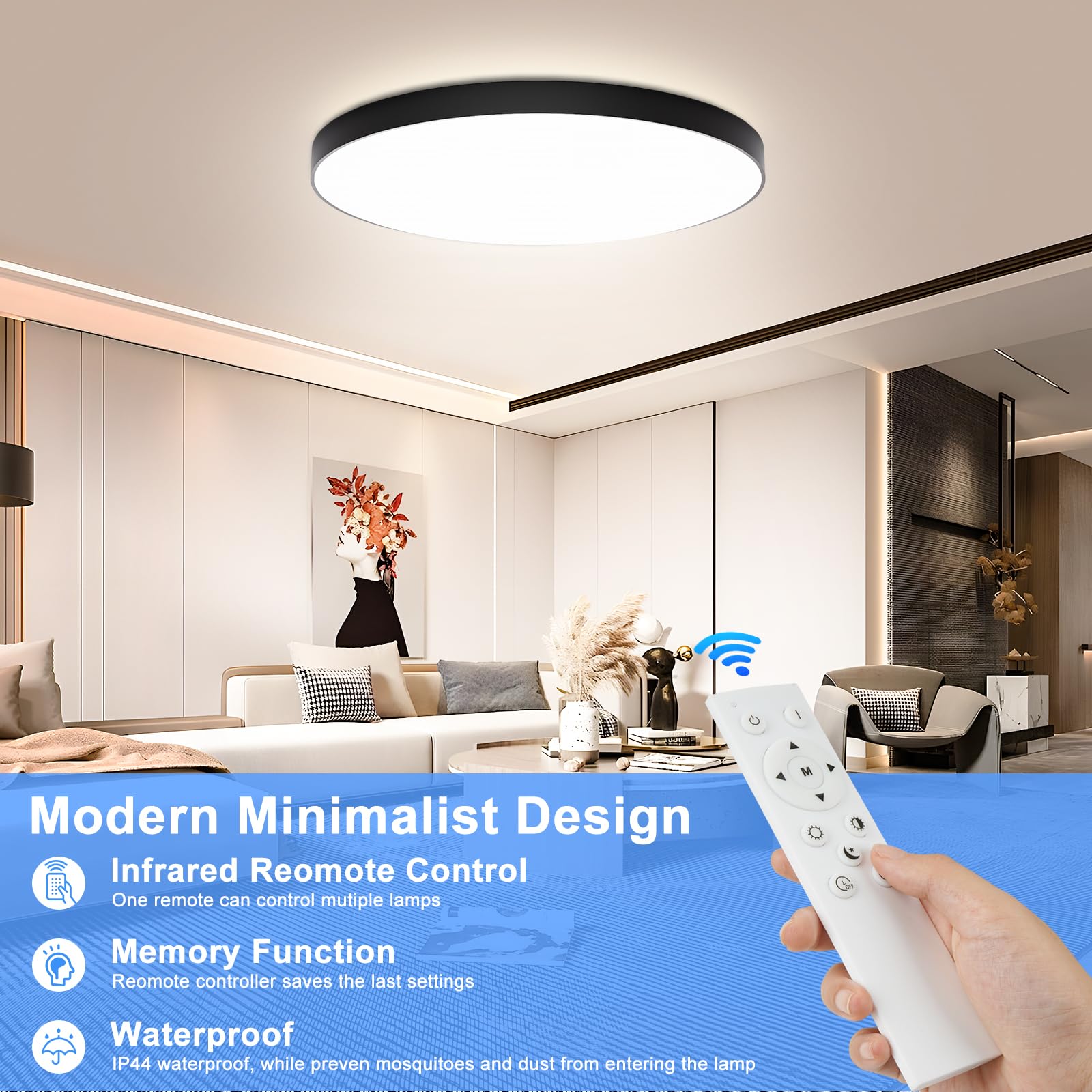 Plafoniera LED Soffitto Dimmerabile 24W [2 Pezzi] | Lampada da Soffitto con Telecomando Plafoniera Bagno IP44 Impermeabile Ø28CM 2000LM per Cameretta/Cucina/Soggiorno