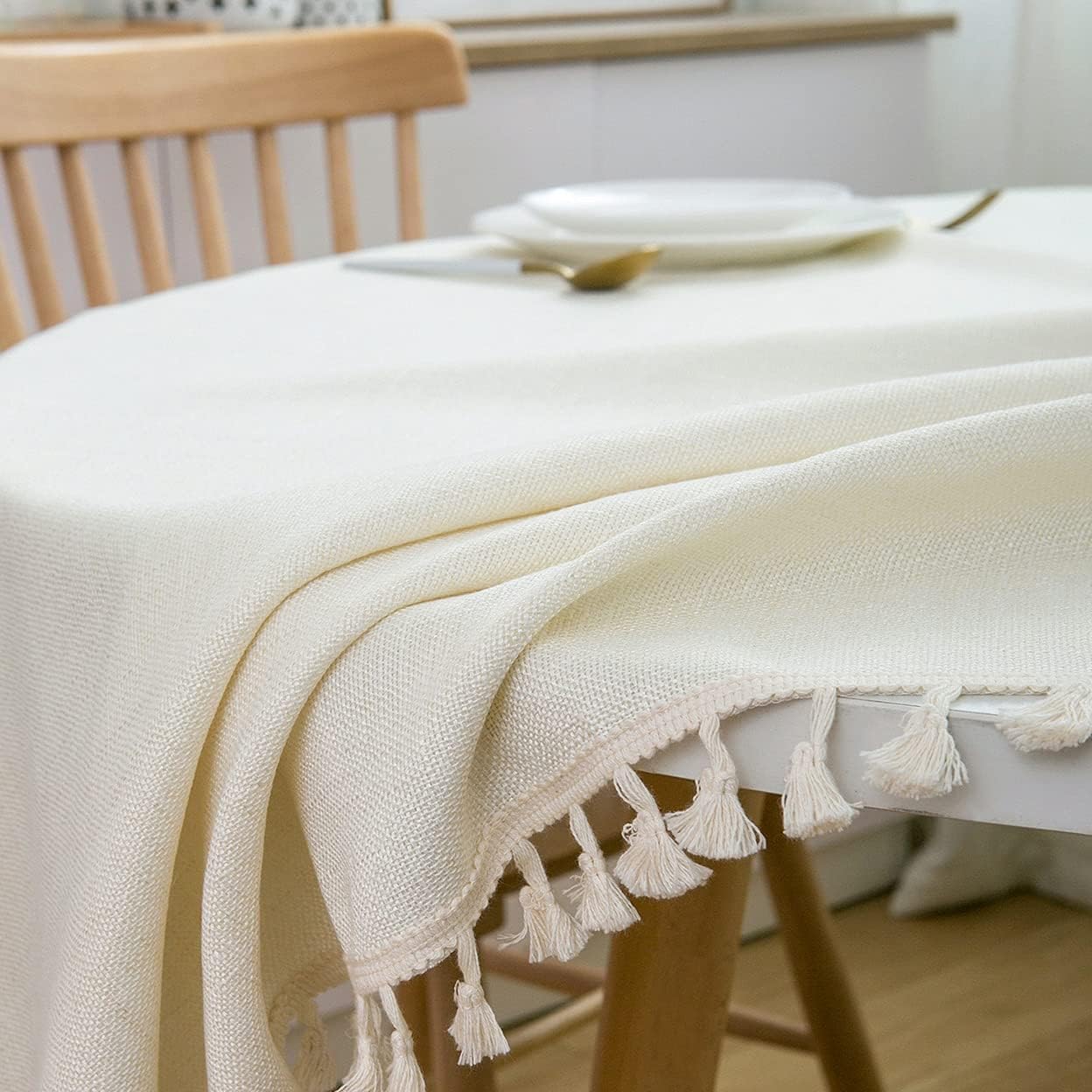 Exсluѕіvе Dіѕсоunt 60% Prісе SPRICA Round Tablecloth, Cotton Linen Tassel Solid Color Table Cover, with Tassel Diameter 60, Suitable for Tables with Diameters Less Than 115cm/45in, Beige