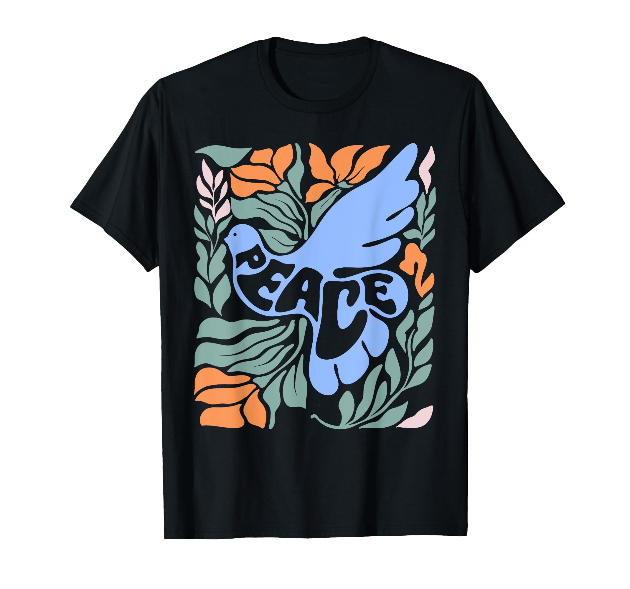 Amb World Peace Day International Day Of Peace TeeRetro Groovy Hippie Style Peace Bird Flowers World Peace Day T-Shirt