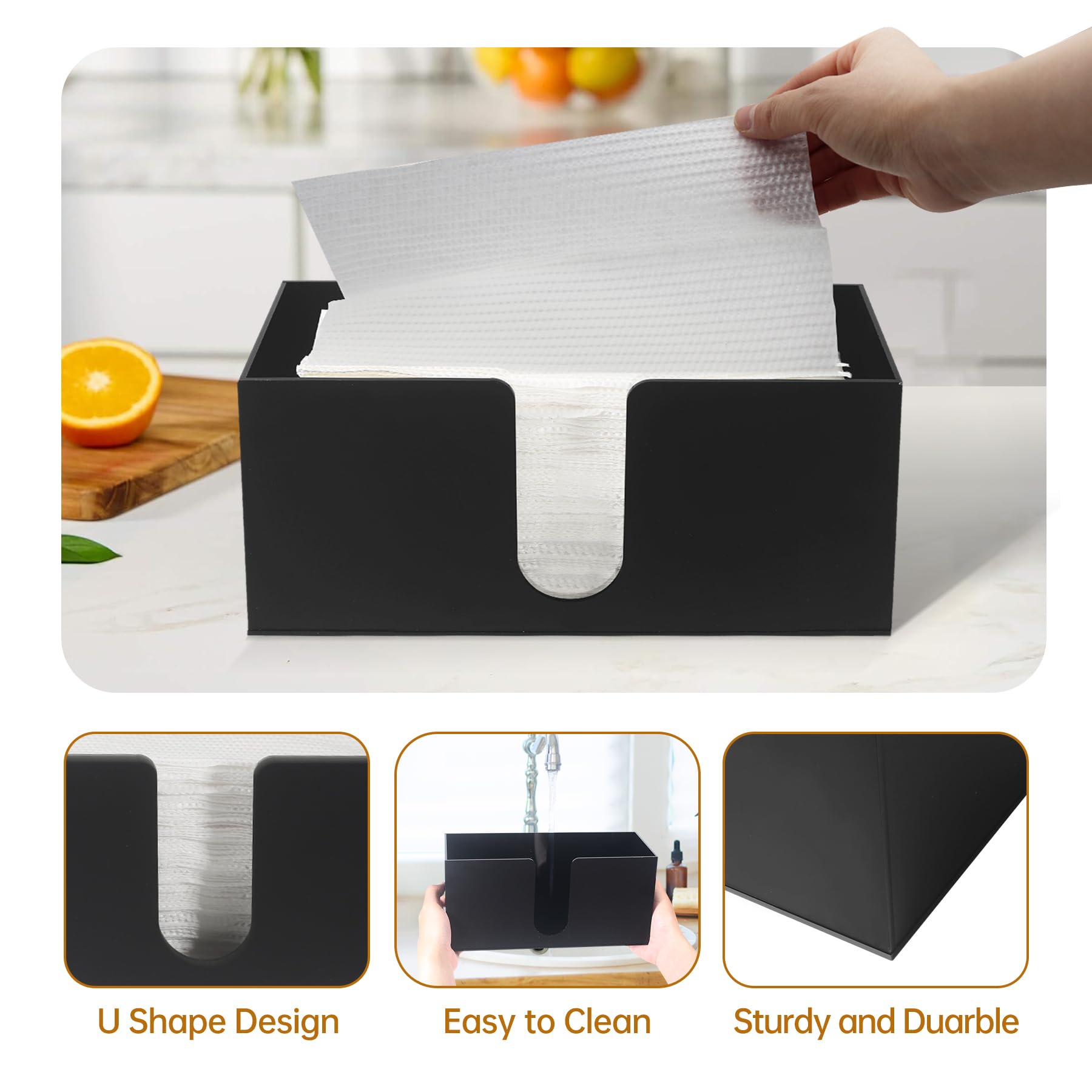 Soporte acrílico para toallas de papel para encimera, servilletero acrílico negro, dispensador de toallas de papel (3 mm) para toallas de papel plegables en C, plegado en Z o multipliegue para baño