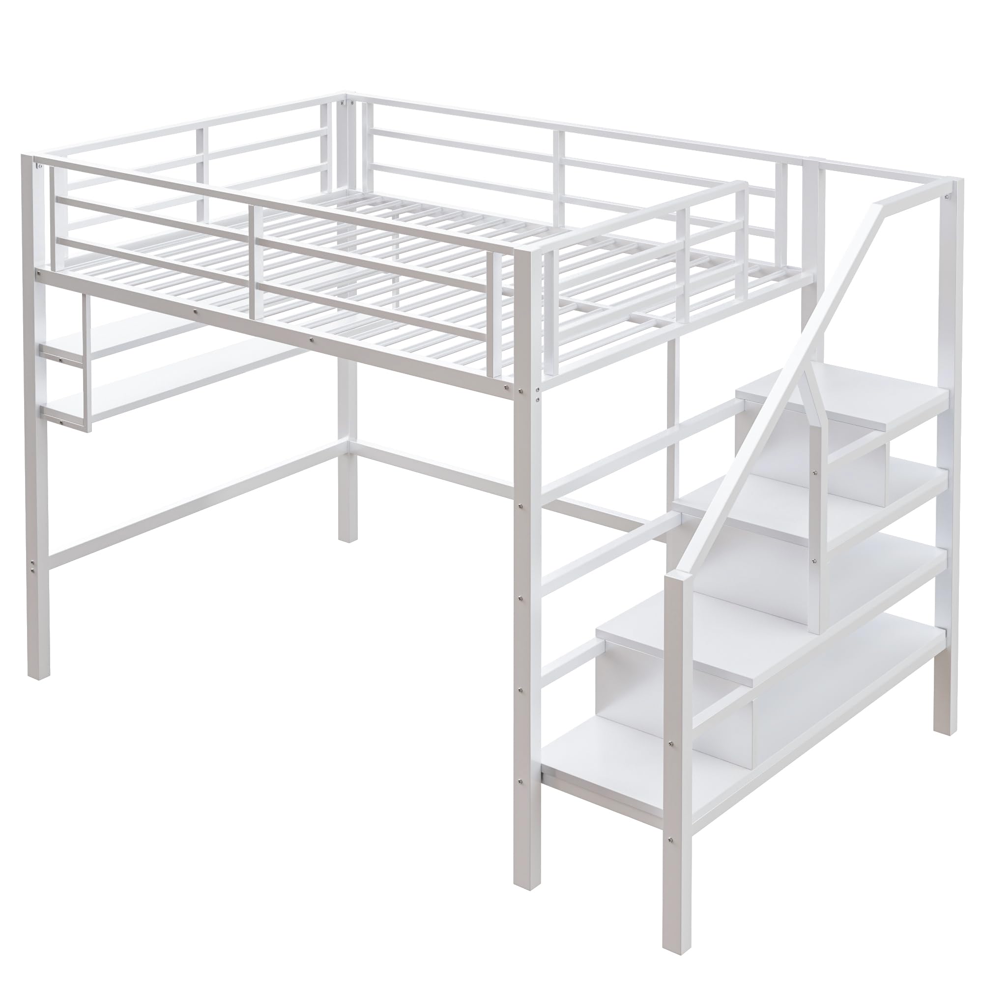 Letto per bambini a soppalco 140 x 200 cm, letto in metallo/ferro con protezione anticaduta e rete a doghe, scala di sicurezza con ripiano, letto a castello letto per ragazzi letto funzionale con