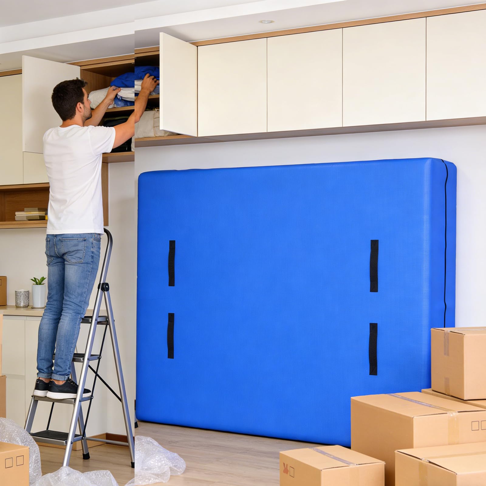 Housse de Déménagement Matelas, Housse de Protection Matelas pour Déménagement et Stockage Imperméable Indéchirable Équipée de 8 Poignées Renforcées et d'une Fermeture Éclair (160 x 200 cm)