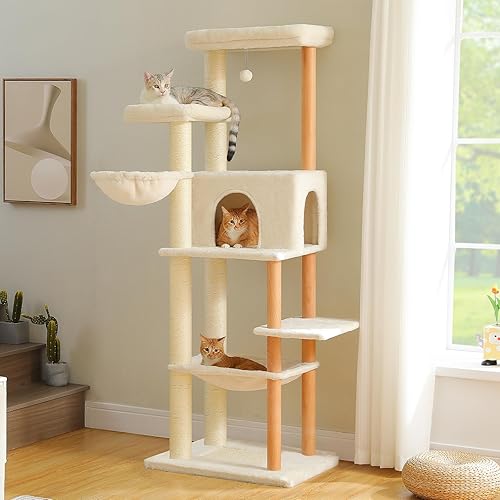 PAWZ Road Large Cat Tree, 186cm Tall Wooden Cat Tower with 2 Spacious Hammocks, 2 Big Top Beds, 8 Fully Scratching Posts and Natural Wood Posts, Modern Climbing Tower for Indoor Cats, Cream White - XL-186cm - Wooden White