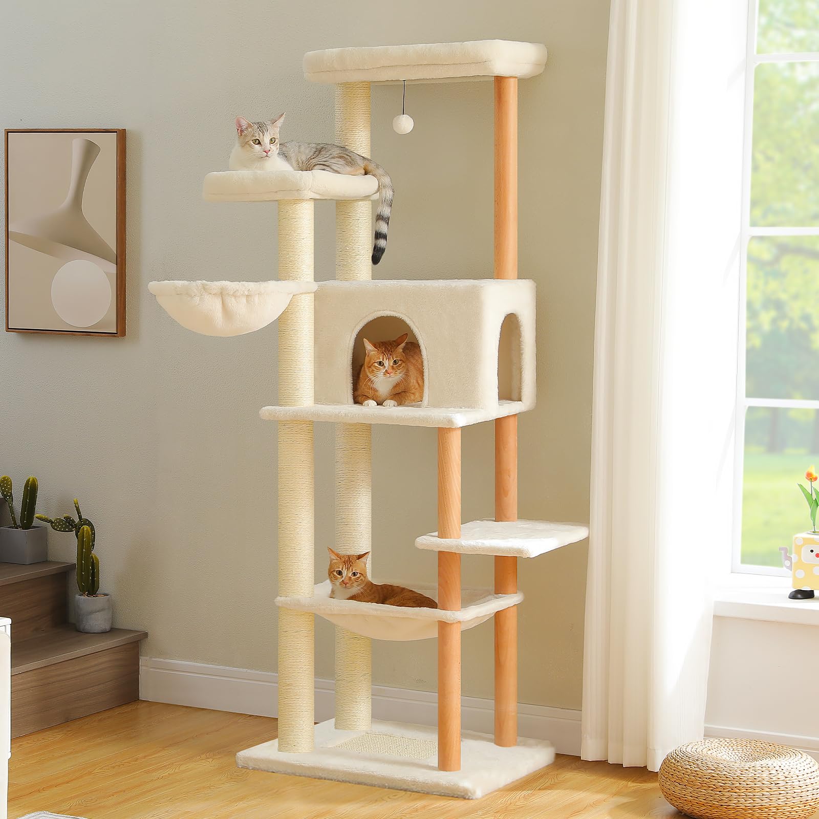 PAWZ Road Large Cat Tree, 186cm Tall Wooden Cat Tower with 2 Spacious Hammocks, 2 Big Top Beds, 8 Fully Scratching Posts and Natural Wood Posts, Modern Climbing Tower for Indoor Cats, Cream White