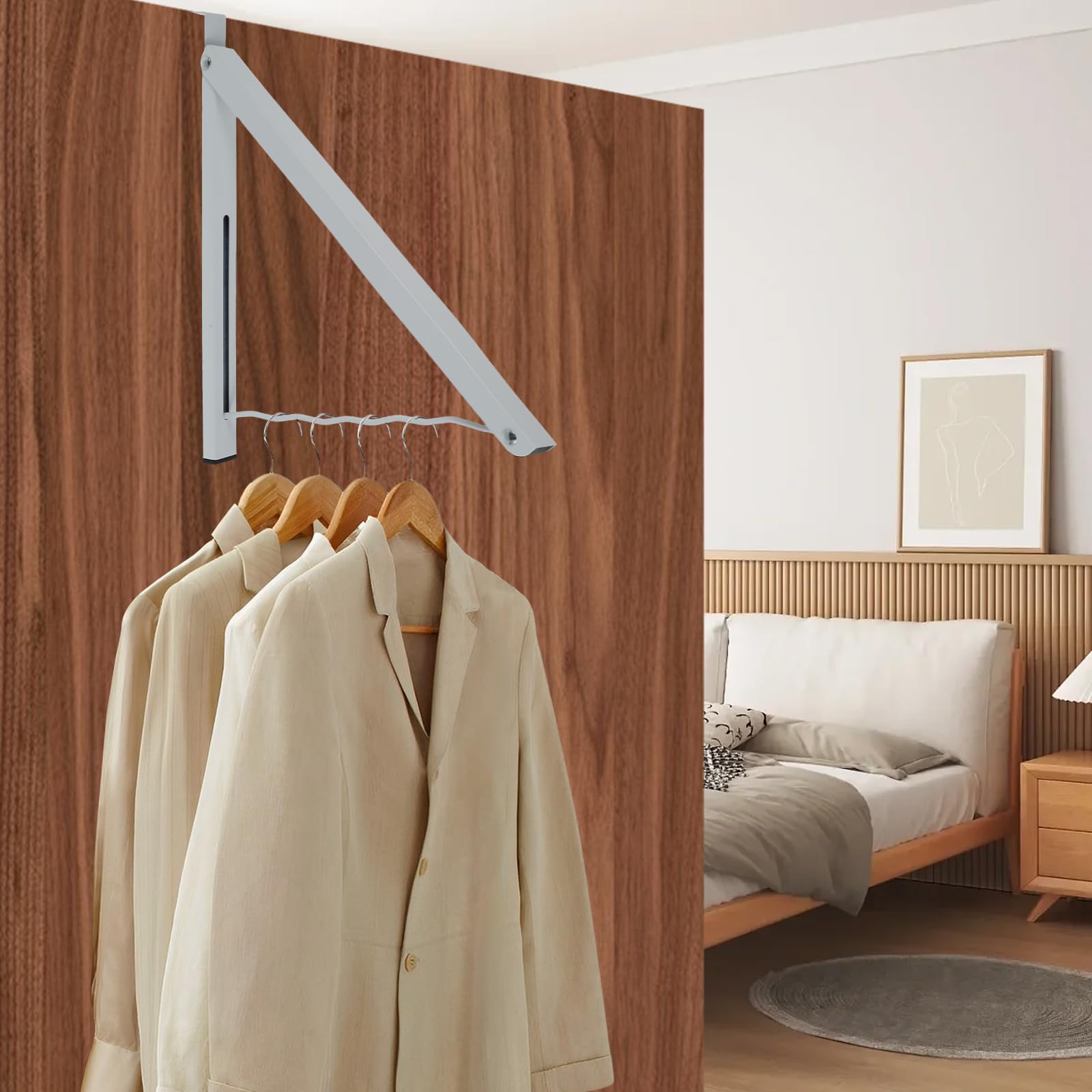 2Pcs Over The Door Folding Clothes Hanger Clothes Drying Door Rack, Closet Hanger Retractable Folding Hanging Rack Organizer for Laundry Room Dorm Balcony Bathroom (White)