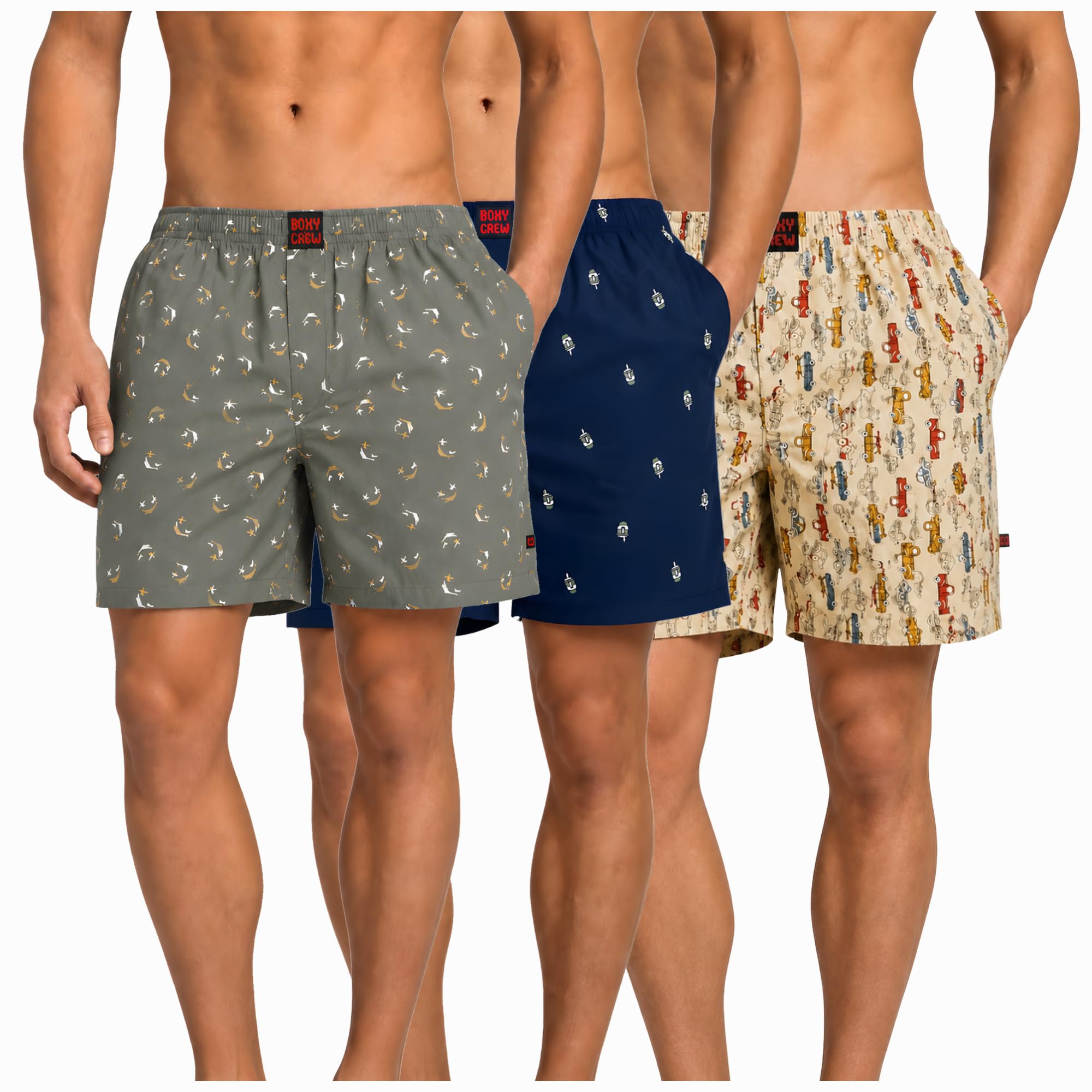 Men's 100% Cotton Boxer Shorts Pack of 3, Green, Navy Blue & Beige | Woven Boxers with Side Pockets, No-Marks Elastic Waistband, Breathable Relaxed Fit | Style 008-011-013-image-37