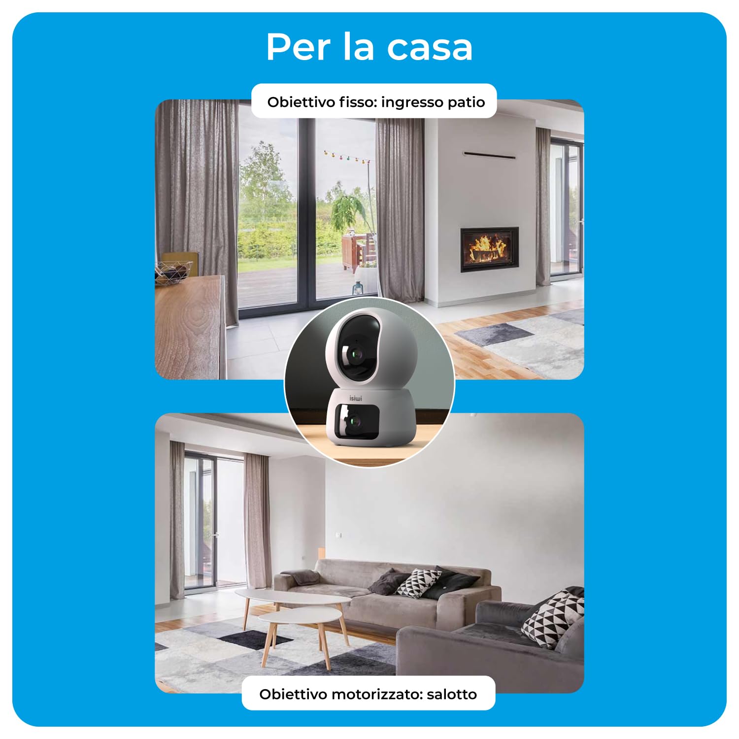 TWIN Telecamera Wi-Fi Interno 2K 3MP+3MP, Doppia Lente, PT, Videocamera sicurezza, Rilevamento persone, Tracciamento movimenti, 2.4/5GHz Visione Notturna Audio registrazione SD-Cloud/NVR