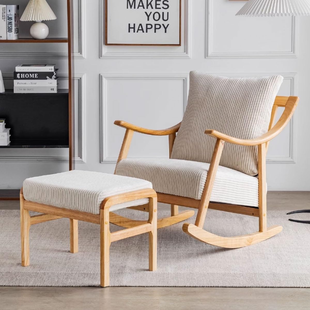 YCKEGEW Sedia A Dondolo Moderna con Poggiapiedi,per Cameretta Sedia da Allattamento in Tessuto per Mamma E Bambino,Sedia da Salotto Imbottita, Struttura in Legno Massiccio (Color : White A)