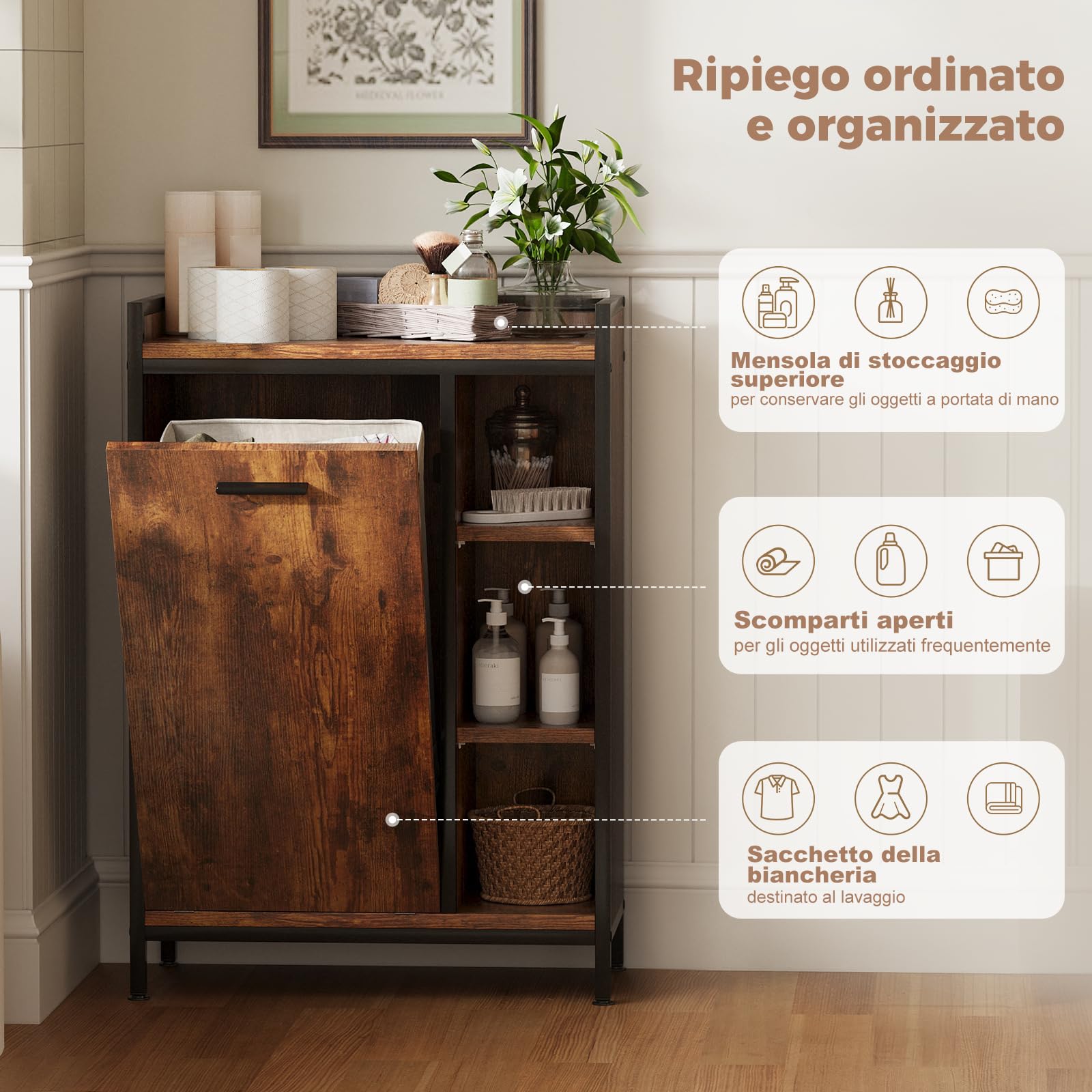 ELUCHANG Mobiletto bagno con portabiancheria(50L)-2 in 1 Mobile bagno salvaspazio per Bagnos,Sacchi Interni Rimovibili Lavabile, Soggiorno, lavanderia,camera da letto,63x30x91cm,Vintage+Nero