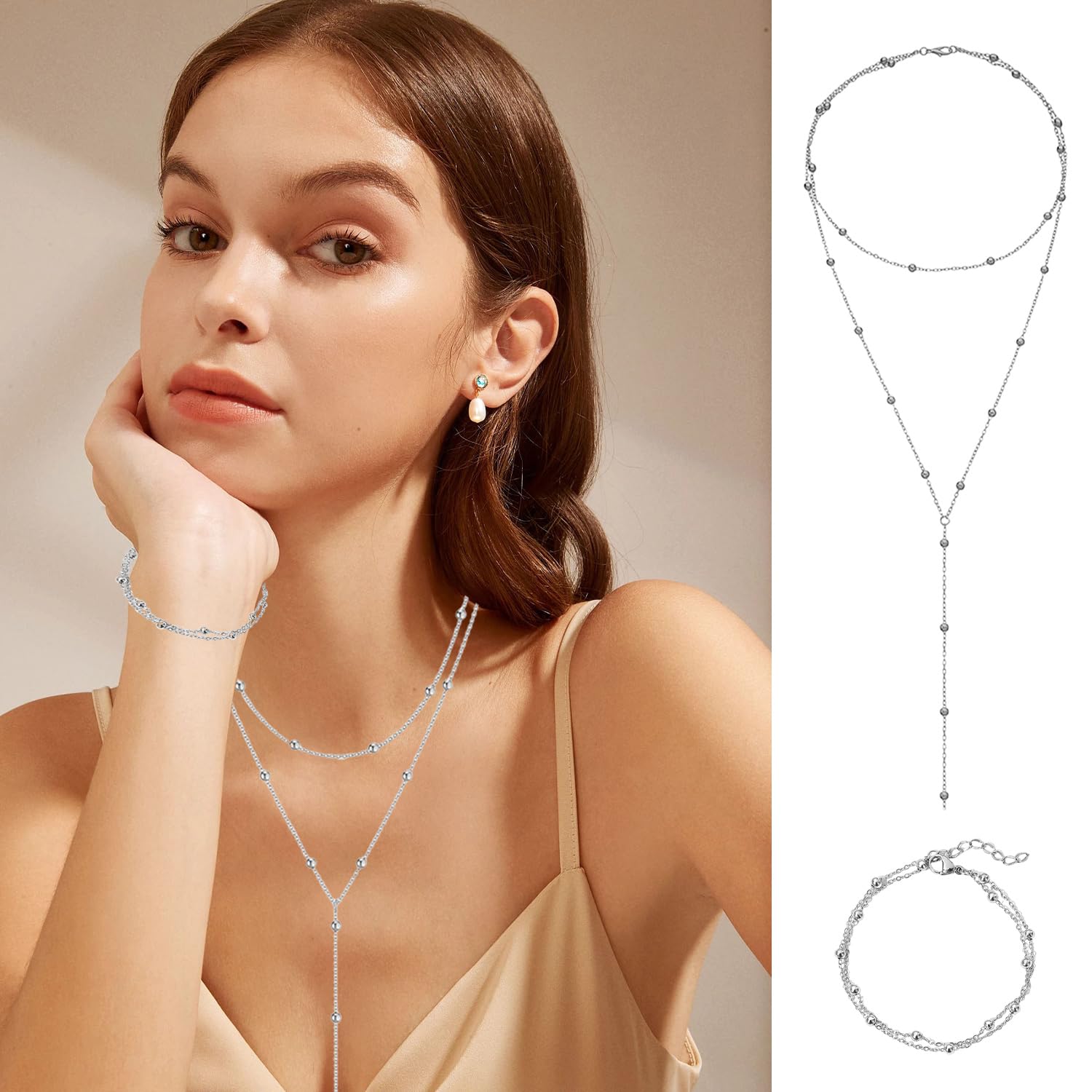 1 Collar De Doble Capa Y 1 Pulsera De Doble Capa, Joyería Moderna Y Sencilla, Joyería Elee Apilable, Accesorios De Vestir, Joyería para Mujer.