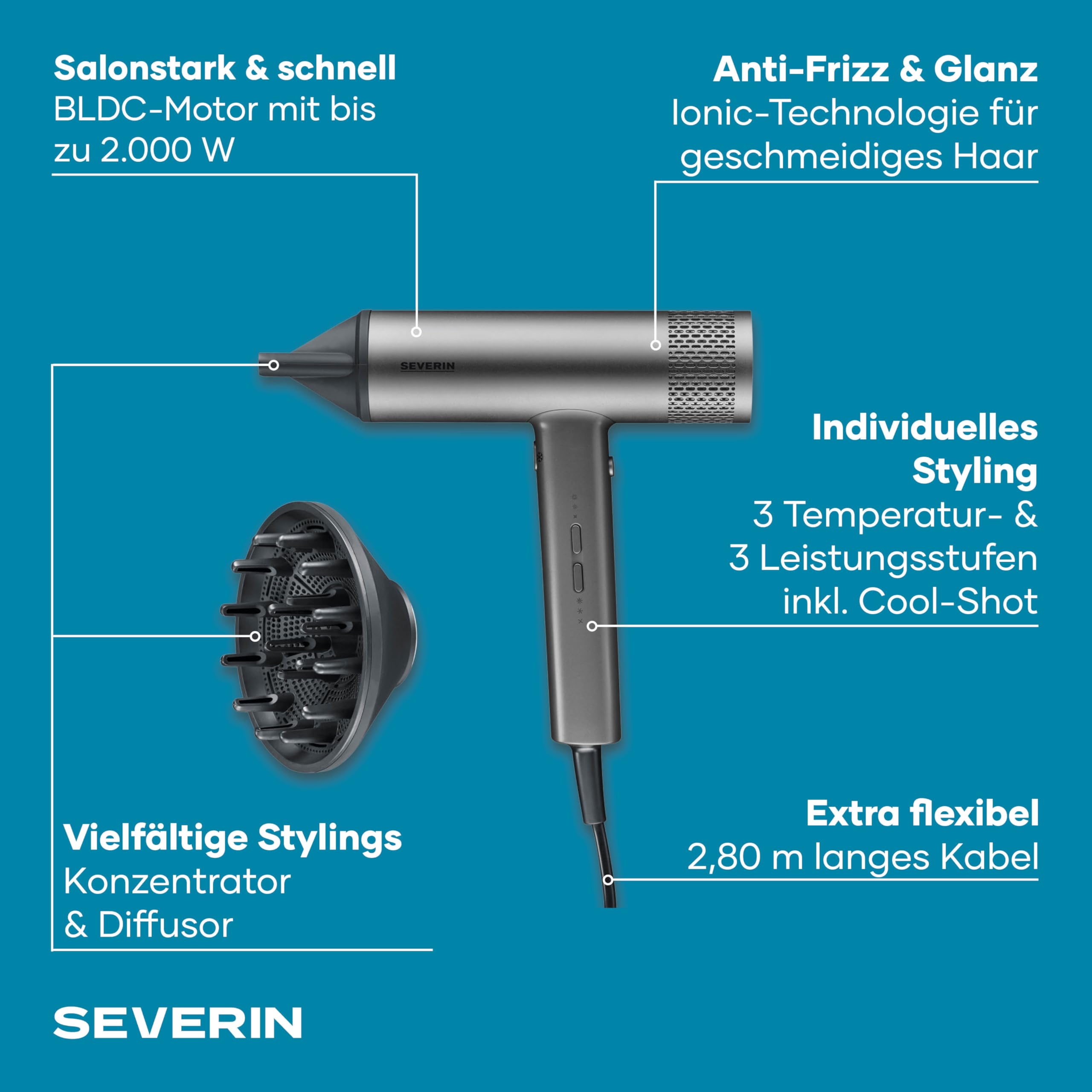 Severin Ionen-Haartrockner inkl. Diffusor, Konzentrator, leistungsstarker Föhn und langlebiger Haar-Trockner, BLDC-Motor, Ionic-Technologie, S-Style Speed Pro, 2,8m Kabel, 2.000W, anthrazit, HT 0171