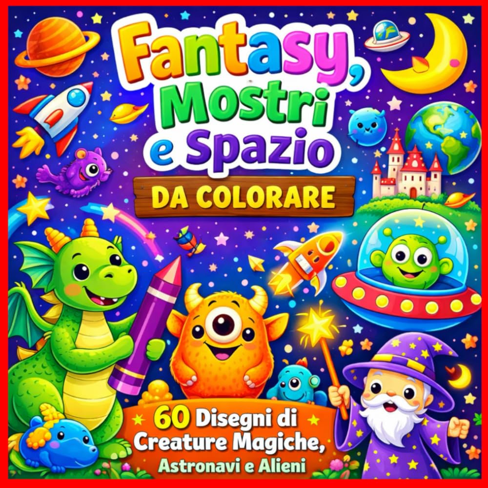 Fantasy, Mostri e Spazio da Colorare: 60 Disegni di Creature Magiche, Astronavi e Alieni: Album da Colorare con 60 Illustrazioni di Pianeti, Razzi, Fate e Sirene