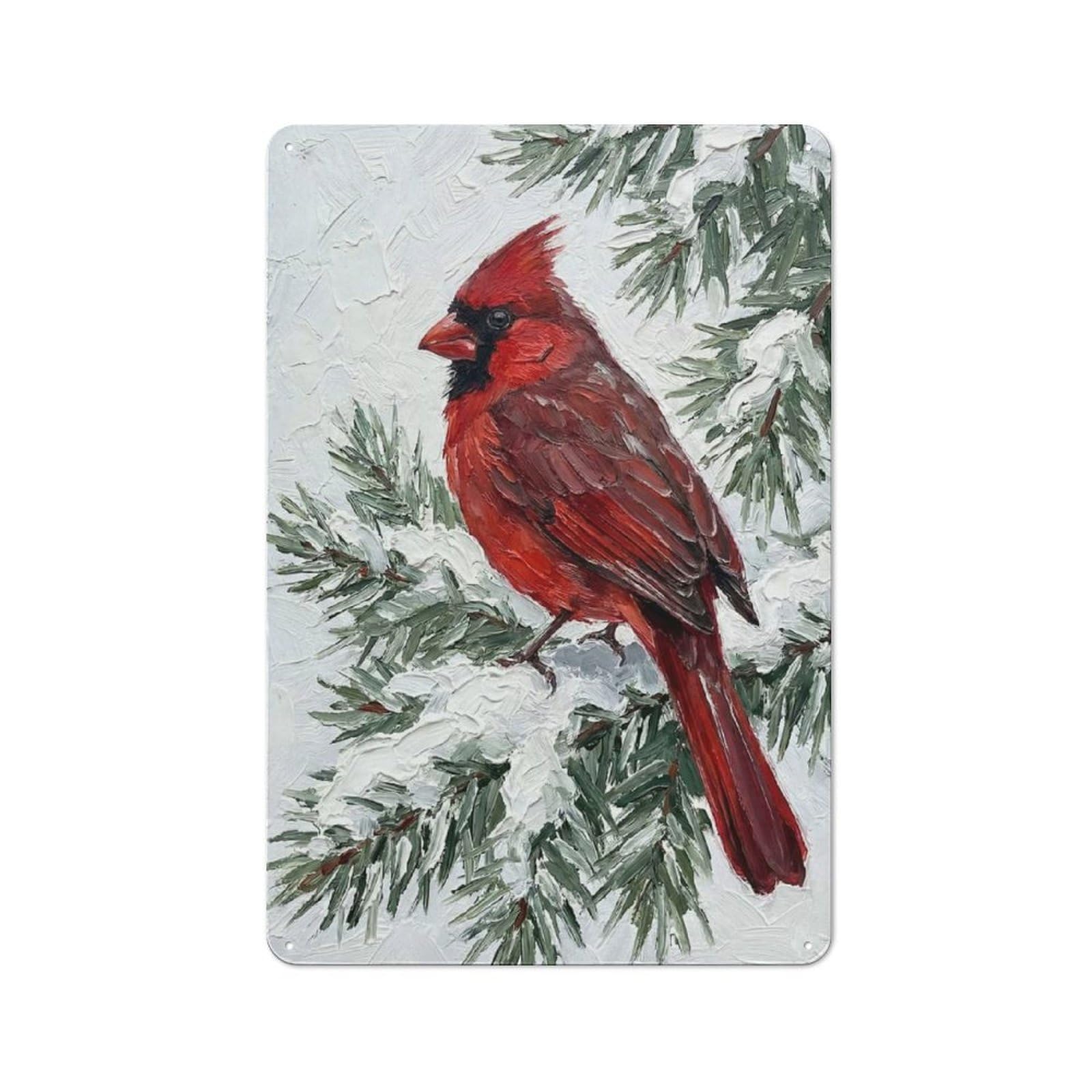 Tin Wall Plaque 30x20cm with Cardinal on Snowy Pine Branch for Hobby Room Or Studio, for Updating Hobby Room And Studio after Moving
