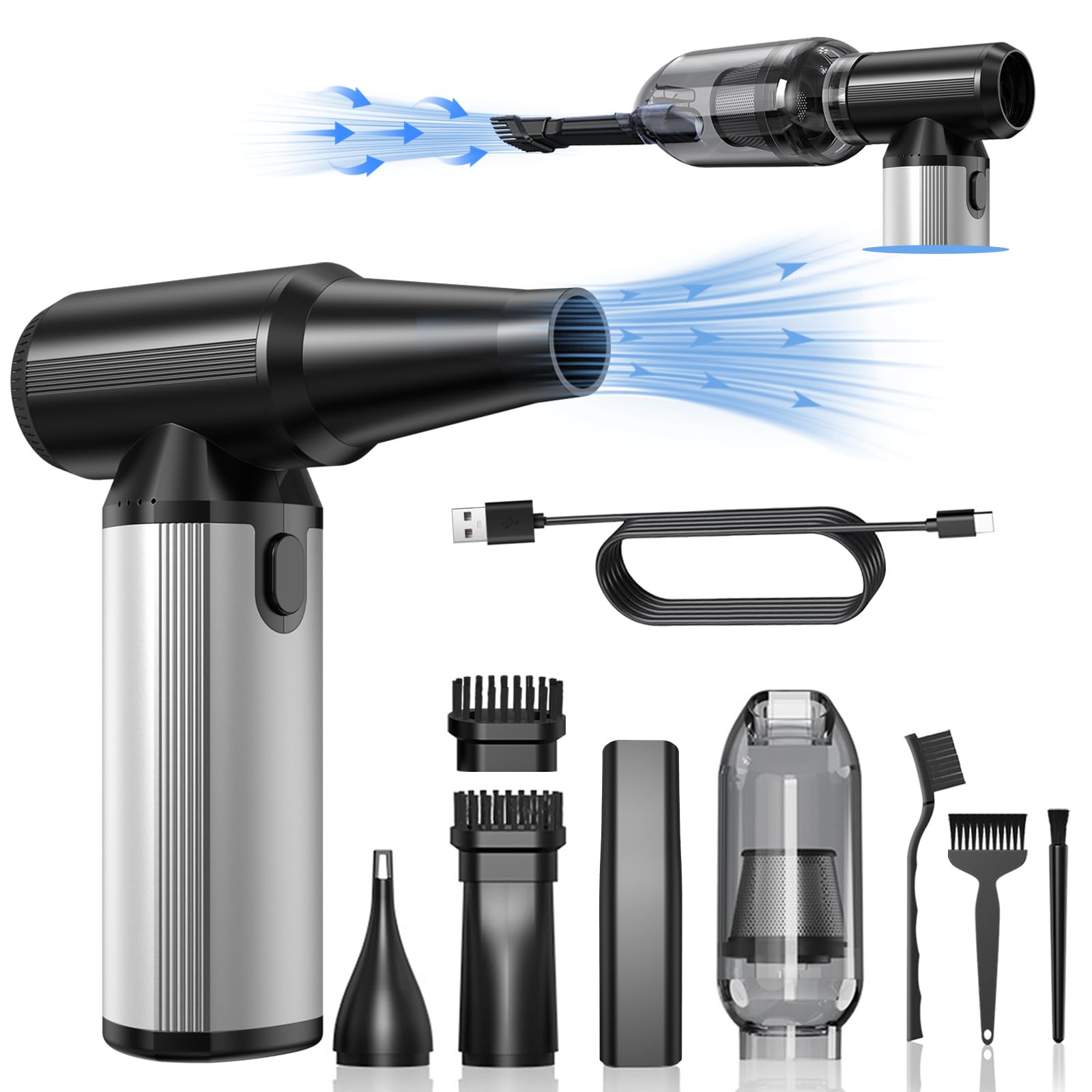 Compressed Air Duster 2-in-1 Duster Blower Vacuum with 320000RPM Super Power Electric Air Duster Rechargeable 3-Gear Adjustable Air