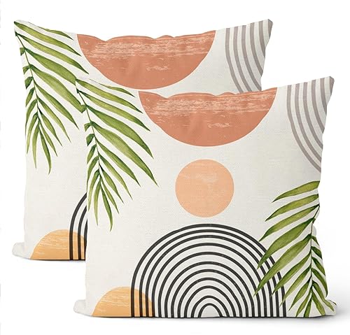Fundas de Almohada Bohemias 18 x 18 Juego de 2, Decoraciones de Granja de Hojas Verdes de Mediados de Siglo Fundas de Almohada Decorativa Moderna
