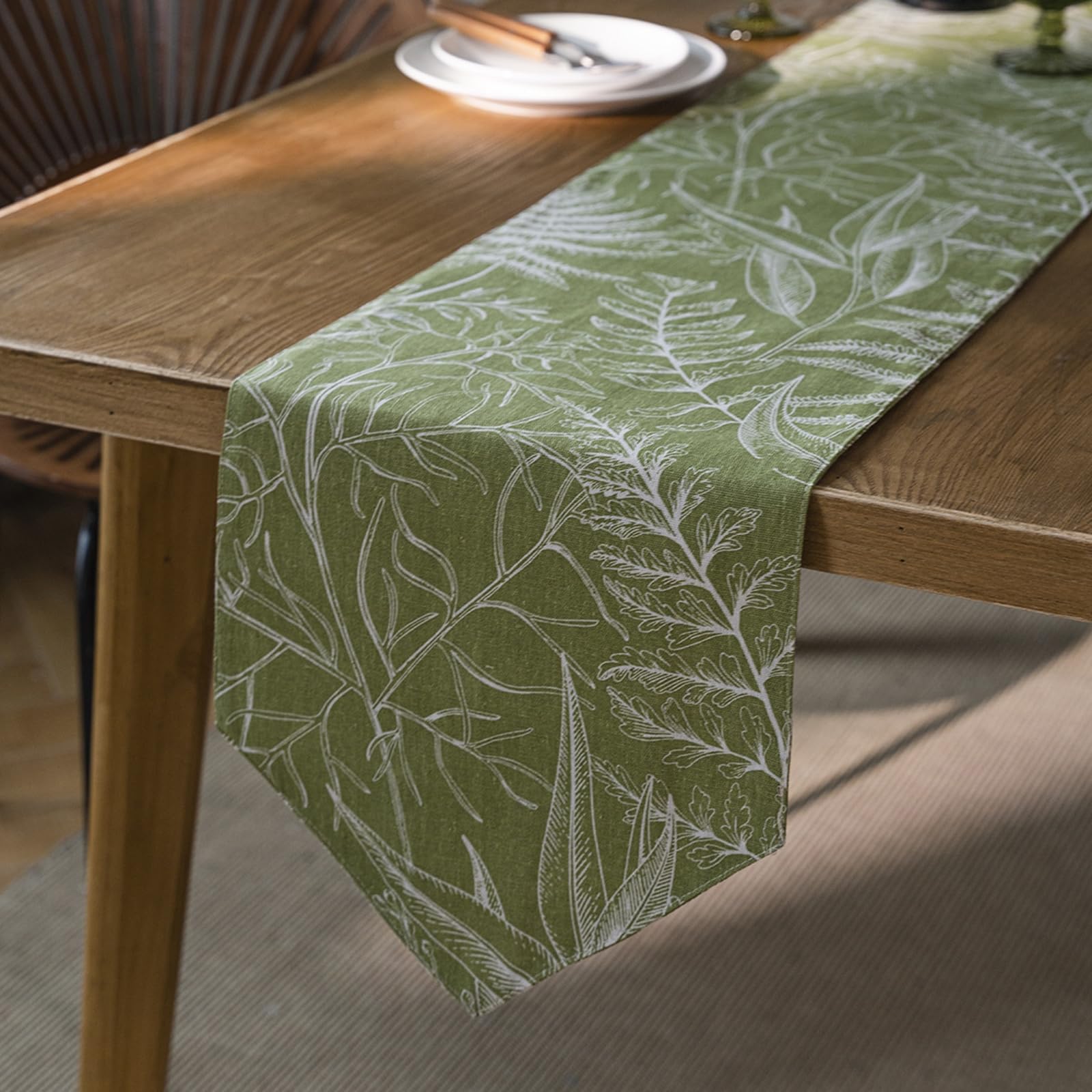 Grün Tischläufer Baumwolle Leinen, Deko Tischläufer Abwaschbar Tischband Ahornblätter Muster Tischdecke für Esszimmer Hochzeit Party Weihnachten Dekoration, 30x220 cm, Grün