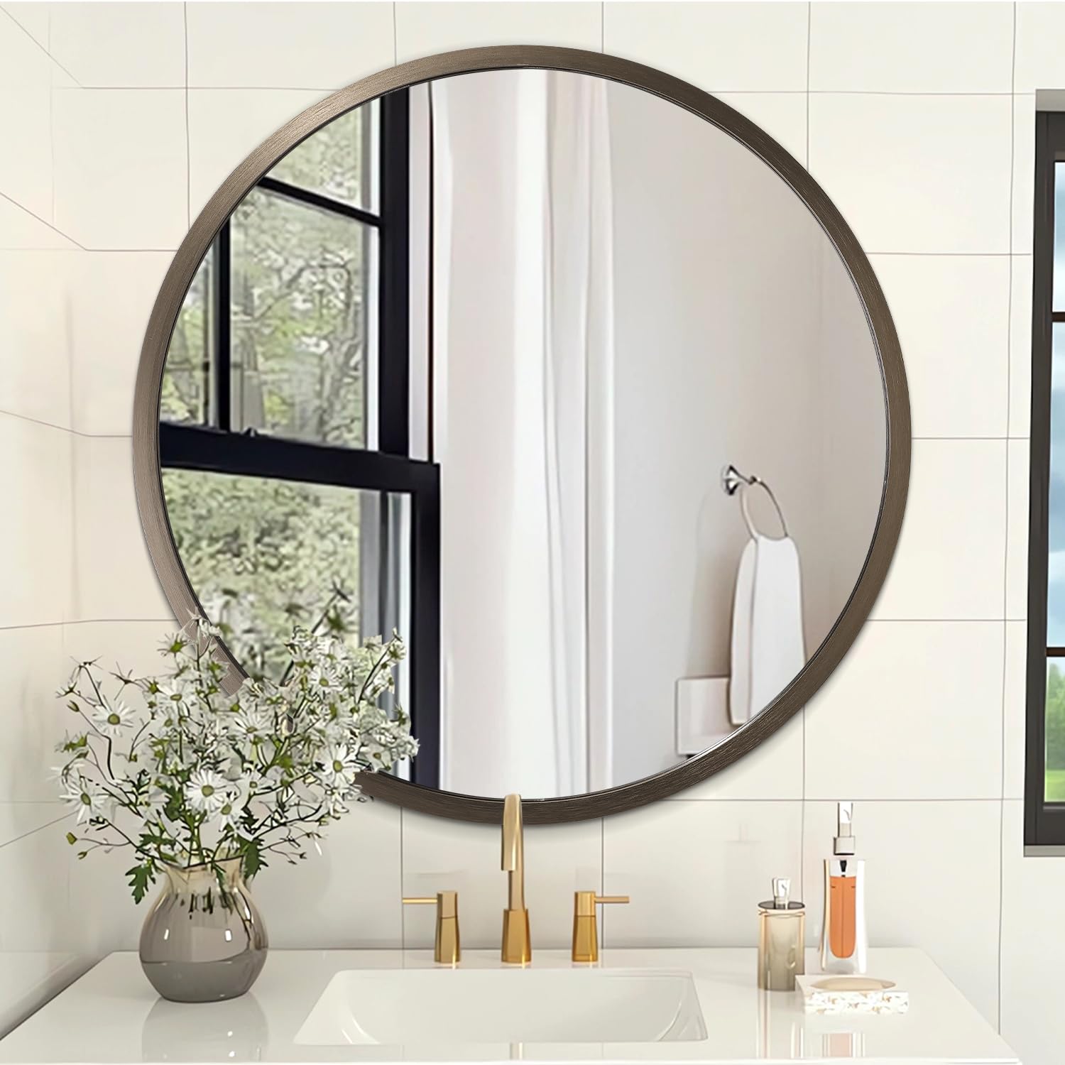 AOAOPQ Wall Mirror Small Round Bathroom Mirror Metal Brushed Framed Rounded Corner ative Hanging Mirrors for Living Room Bedroom Entryway Farmhouse Caffee