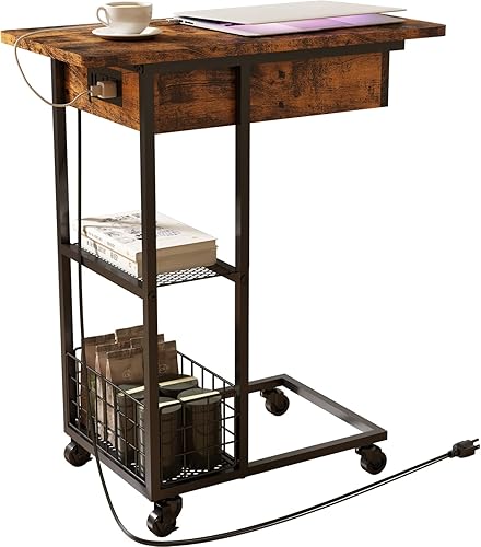 Miniatura 22 de LIDYUK Mesa auxiliar en forma de C con estación de carga, mesa auxiliar abatible con puertos USB y tomas, mesa de sofá con estante de almacenamiento