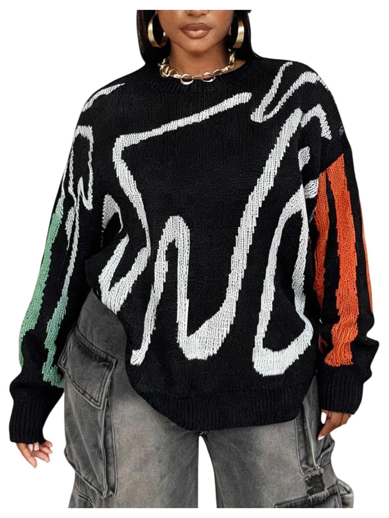 SOLY HUX Womens Plus Size Graphic Sweater Long Sleeve Crew Neck Oversized Knit Pullover Jumper Tops