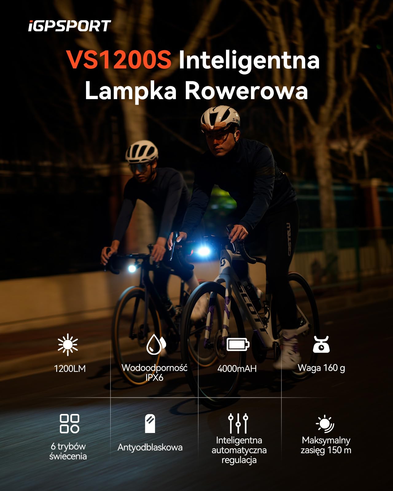 iGPSPORT VS1200S Lampa rowerowa, 1200 lumenów inteligentna funkcja zakrętu Podświetlenie wodoodporności przednie światło rowerowe