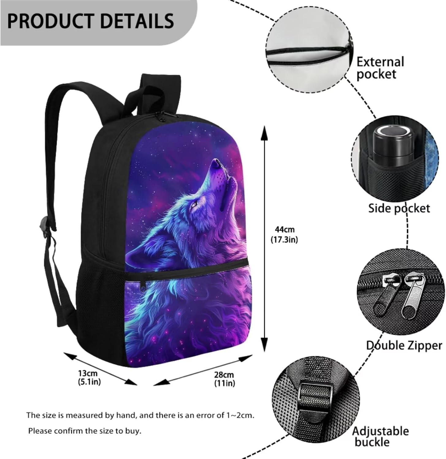 Galaxy Wolf School Bags for Boys With Lunch Box Pencil Case, Kids Bookbag for 10-12 Year Old Teen Backpack Elementary High School Book Bags With Water Bottle Holder Set 3 In 1 Purple