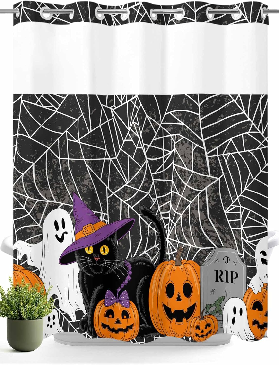 No Hook Shower Curtain with Snap in Liner Set,Halloween Pumpkin Ghost Black Cat Waterproof Fabric Shower Curtains Spiderweb Black White Double Layer Bath Curtain for Bathroom,72Wx72L 72"W x 72"L (Pack of 1) Black