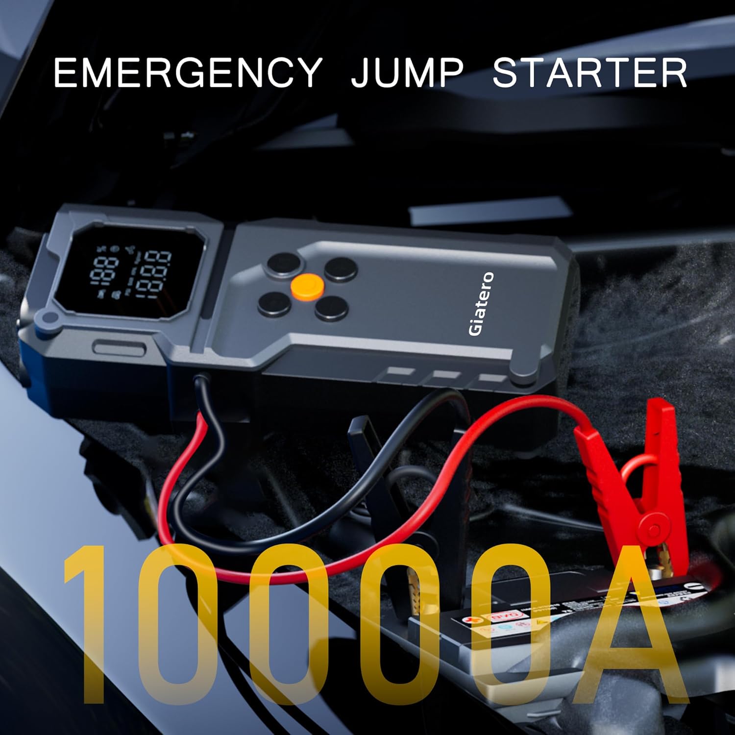 giatero Q27B Car Jump Starter connected to a vehicle battery for emergency starting.