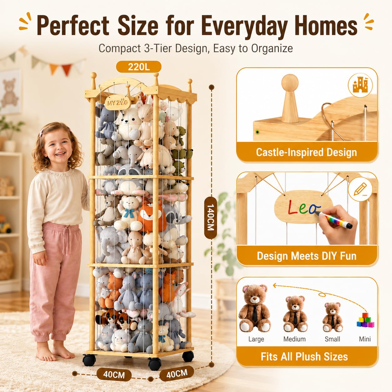 Holz Kuscheltier Aufbewahrung, 3-Etagen Plüschtier Lagerung Holzregal, Stofftier Aufbewahrung mit 360°Rädern, 140cm Groß Plüschtier Spielzeug Organizer für Spielzimmer, Kinderzimmer, Schlafzimmer