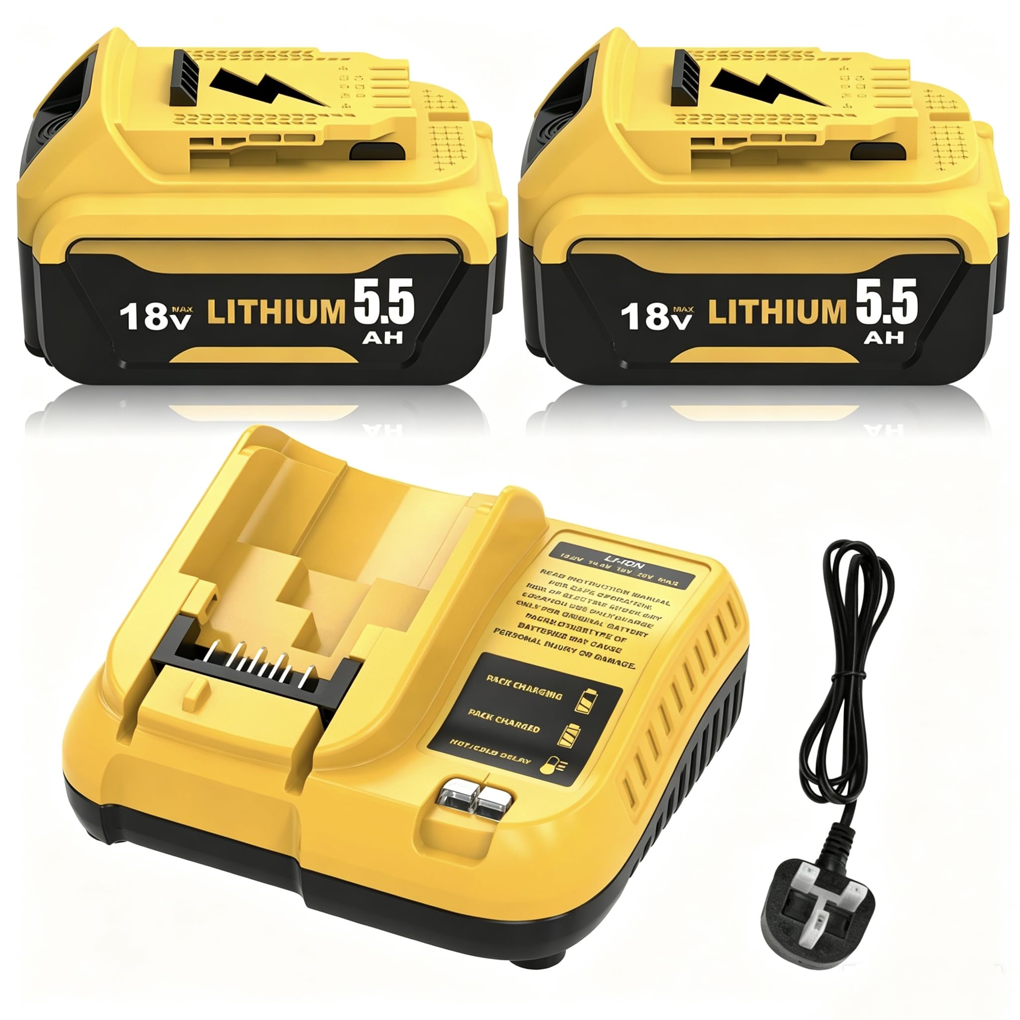 2 Pack Replacement for Dewalt Battery 18V 5.5Ah + Charger DC107