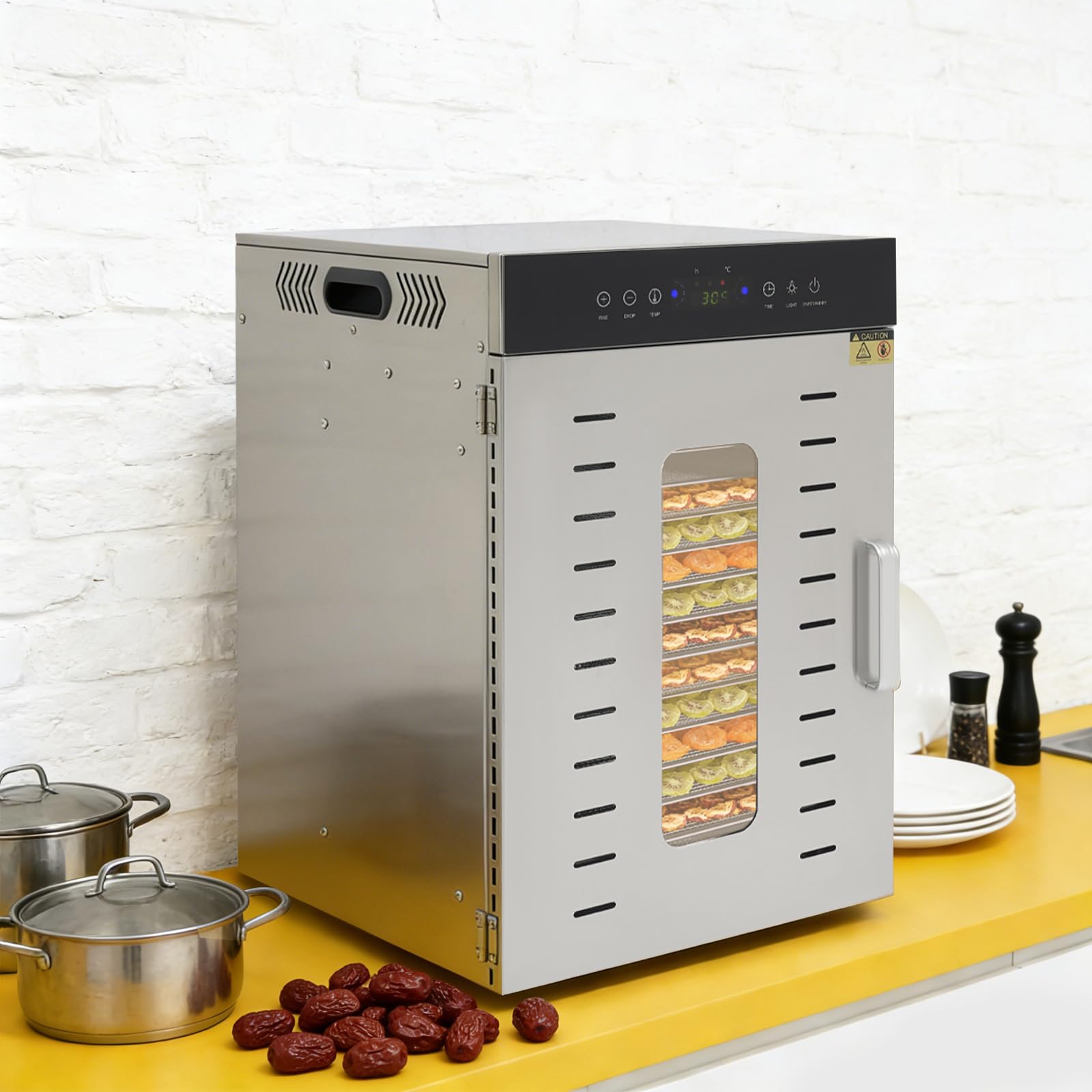 Deshidratador de acero inoxidable con 16 niveles, control de temperatura de 20 – 90 °C, temporizador de 24 horas y libro de recetas, 1370 W, doble ventilador deshidratador para un secado eficiente de