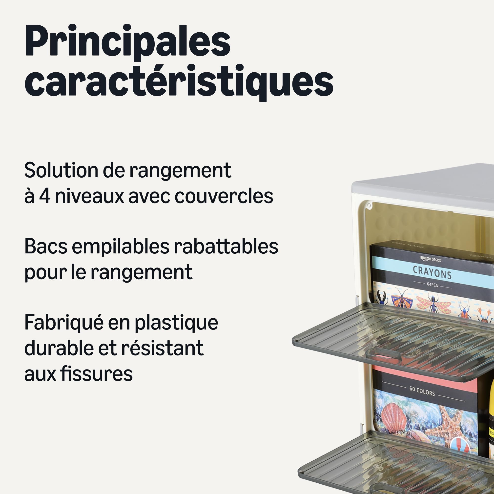 Amazon Basics Bacs de Rangement Empilables à 4 Niveaux avec Roulettes, 21,7L par Niveau, Conteneurs Pliables avec Couvercles, 82.6 x 39.1 x 27.2 cm, Gris/Beige