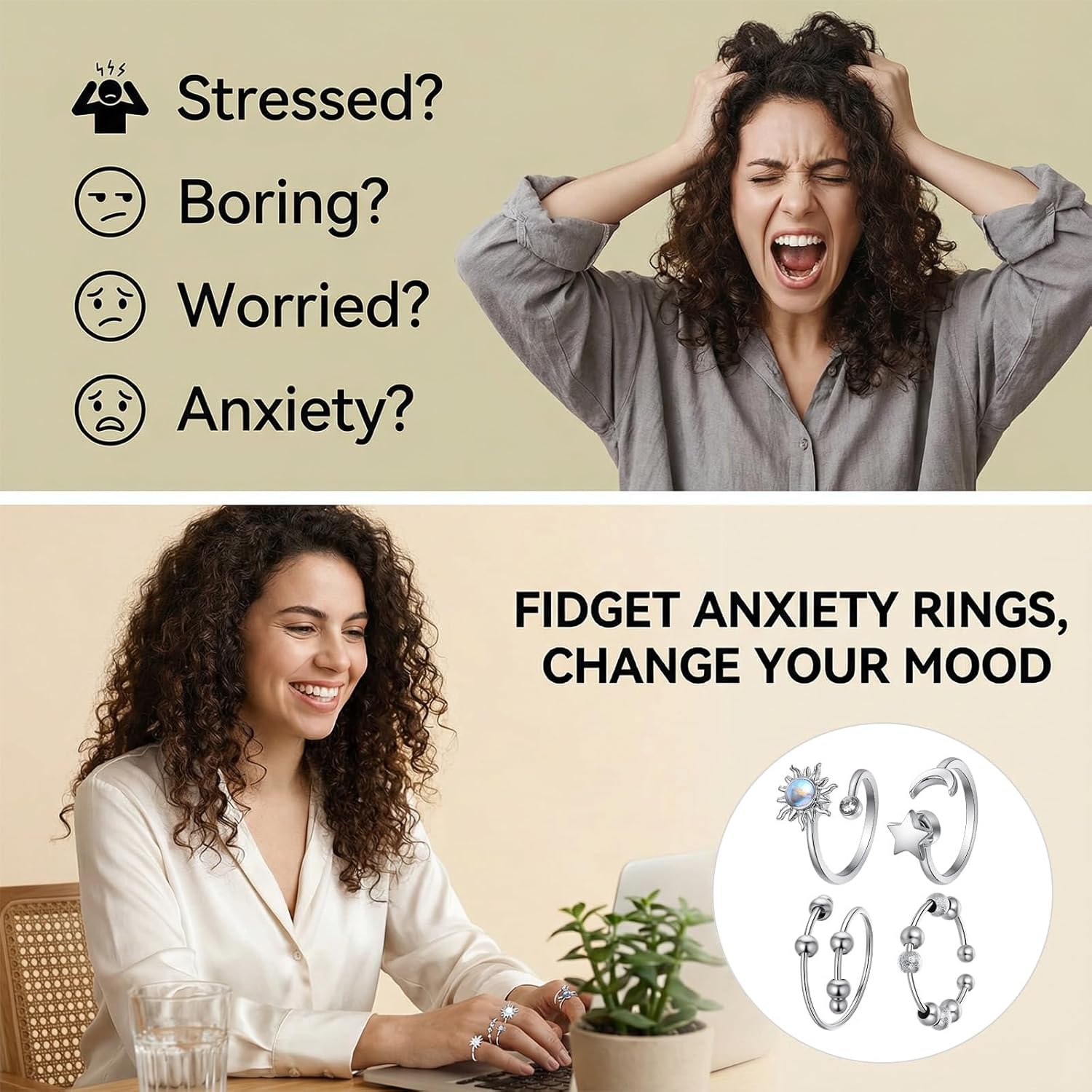 Sibba Fidget Rings for Women 4 PCS Adjustable Spin Fidget Rings for Stress Relief ADHD Anxiety & Focus Rotating Sun Moon Star Beads Silver Sensory Ring Adult Fidgets Toys for Anxiety Relief