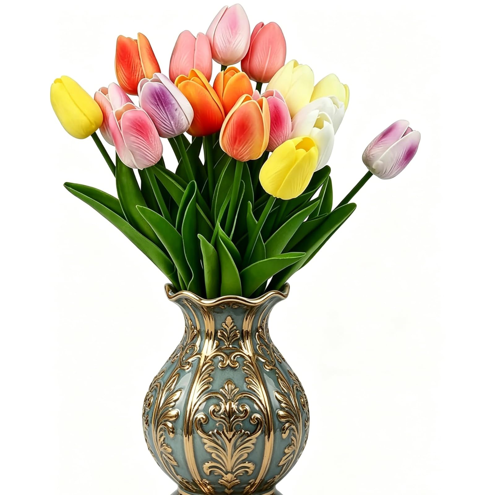 QEEYON Artificial Tulips, 18 Pcs Multicolor Faux Tulips Flowers That Look Real Fake Tulips Indoor Flower Bouquet in Vase for Home Decoration Wedding DIY Craft Birthday Party Office Hotel Garden