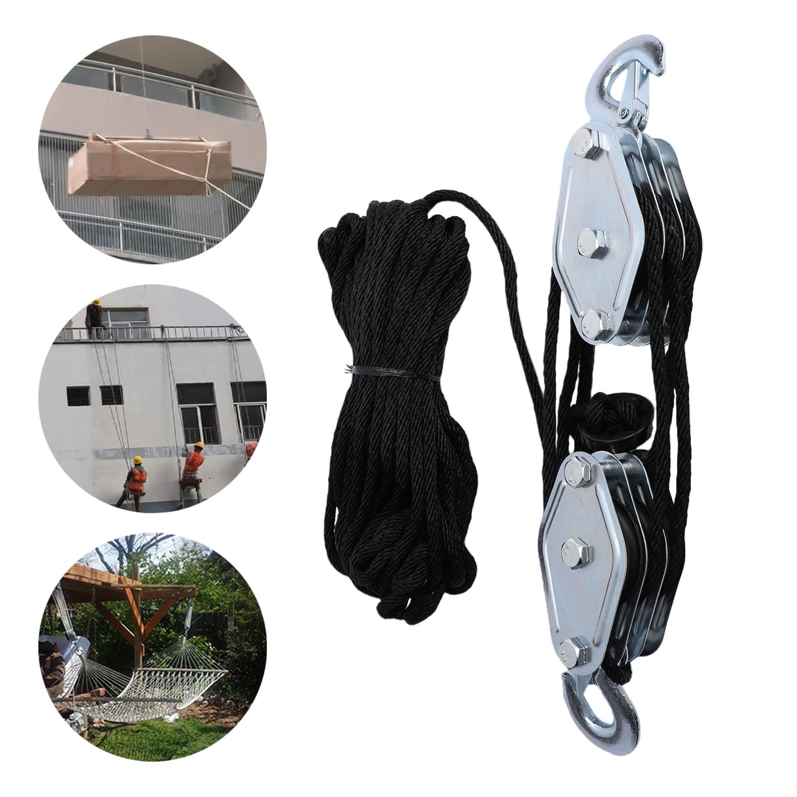 System Polea Resistente 3 Poleas Freno Cuerda Nylon 15M Carga 660LBS | Equipo Elevador con Freno seguro; Height Pico 2,5M para Garajes y Almacenes Industriales
