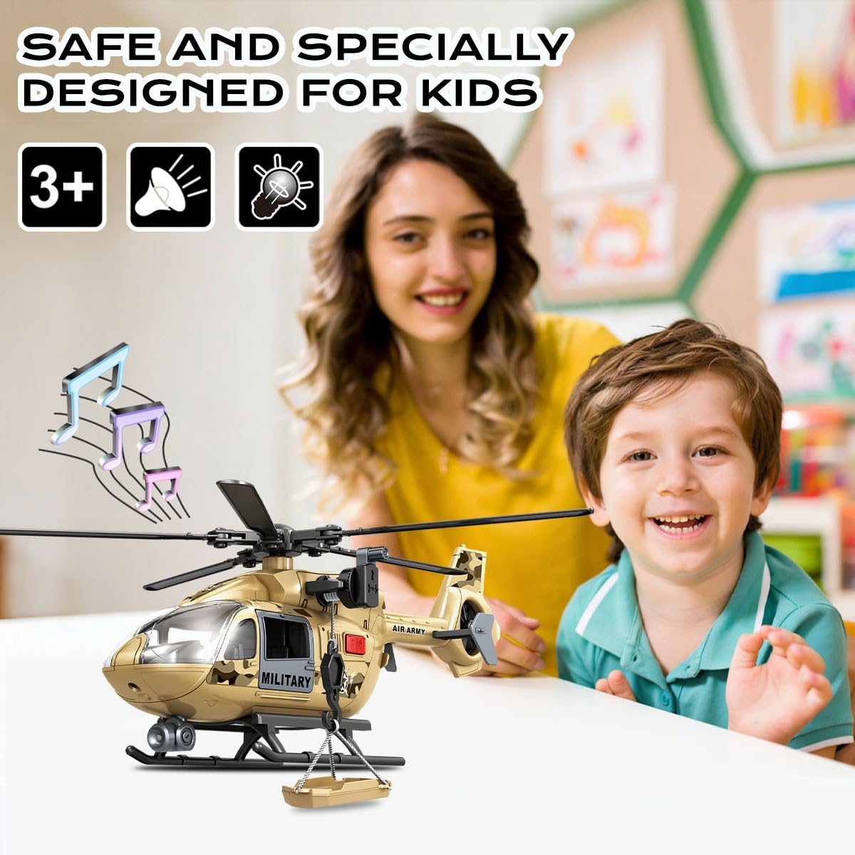 Rescue Helicopter Toy with Lights and Sounds,Emergency Crane Toy with Hanging Tray, Kids Toys for 3 4 5 6 7 Years Old Boys (Military Helicopter)