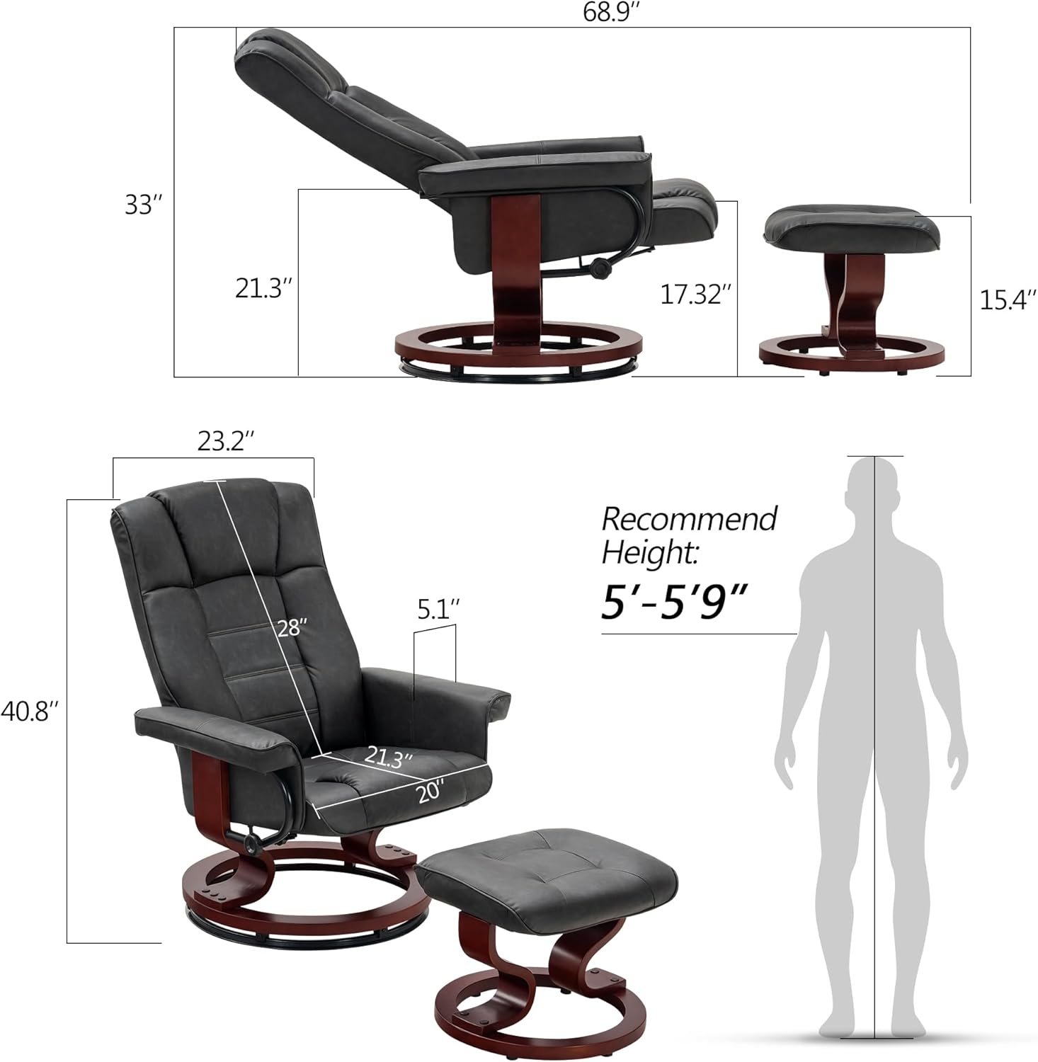 MCombo Manual Swivel Recliner with Ottoman, Chair Ottoman Set for RV Small Spaces, Living Room, Bedroom, Office 9019 4919 (Faux Leather, Dark Grey)
