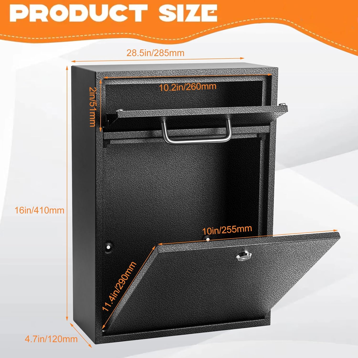 Locking Mailbox Wall Mount, Locked Mailboxes for Outside Security Lock Drop Box Mailbox with Lock 16H x 11.2L x 4.7W Inches, XL Large, Black